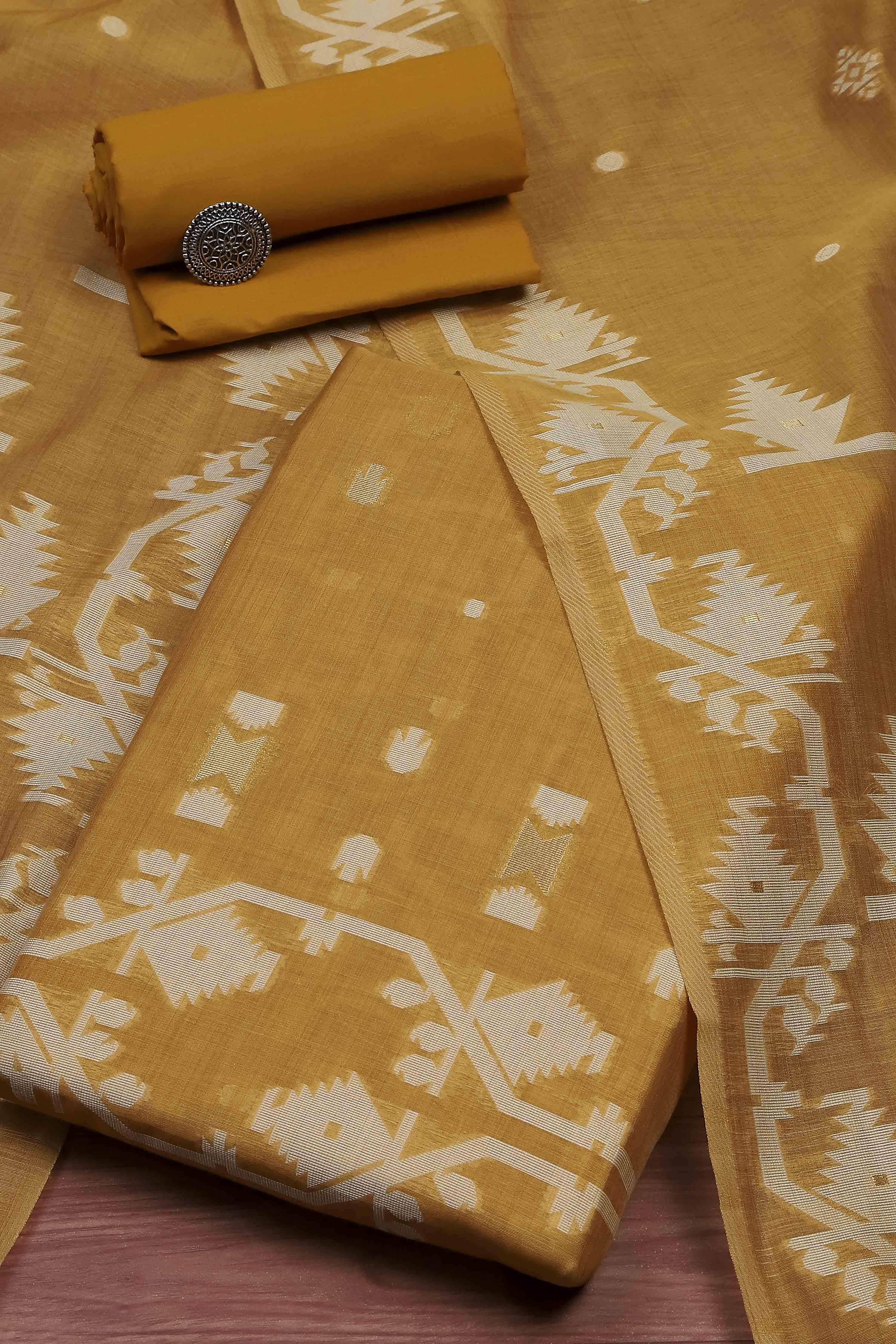 Rust Cotton Jamdani Unstitched Suit Set image number 0