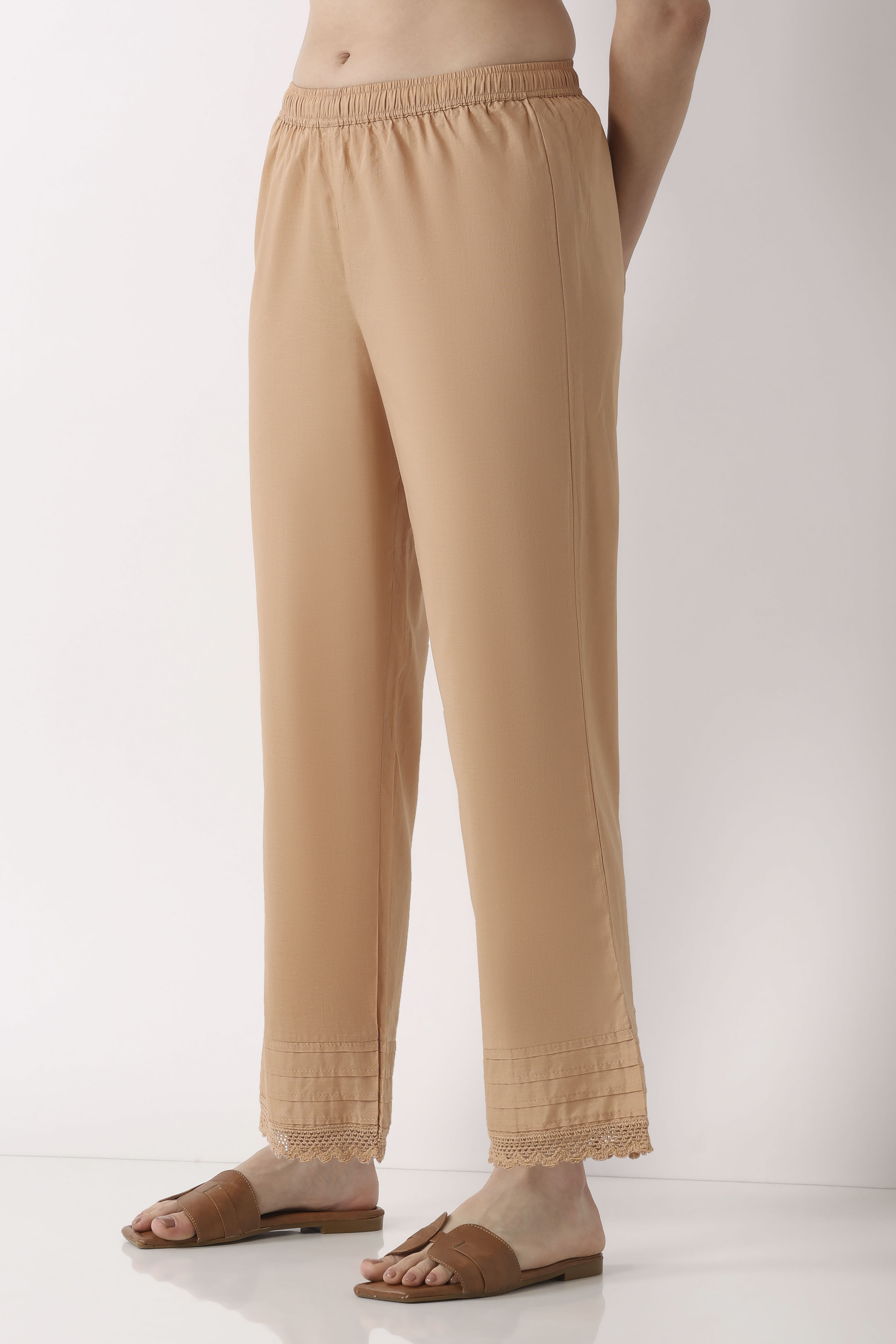 Beige Cotton Relaxed Dyed Pants image number 2