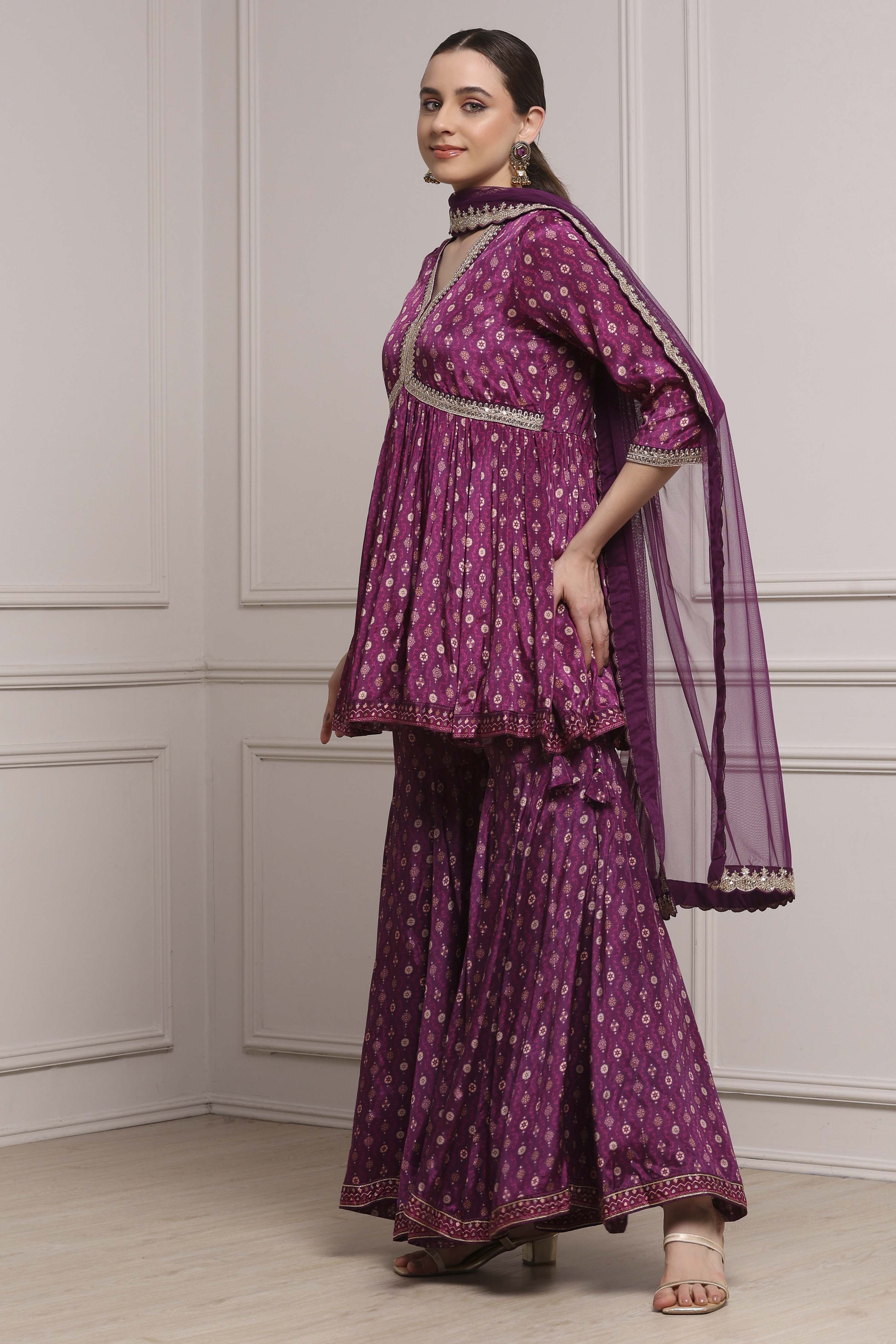 Purple Viscose Rayon Printed Peplum Fusion Set image number 3