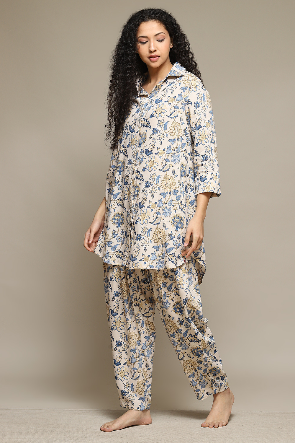 Off White & Blue Rayon Printed 2 Piece Sleepwear Set image number 3