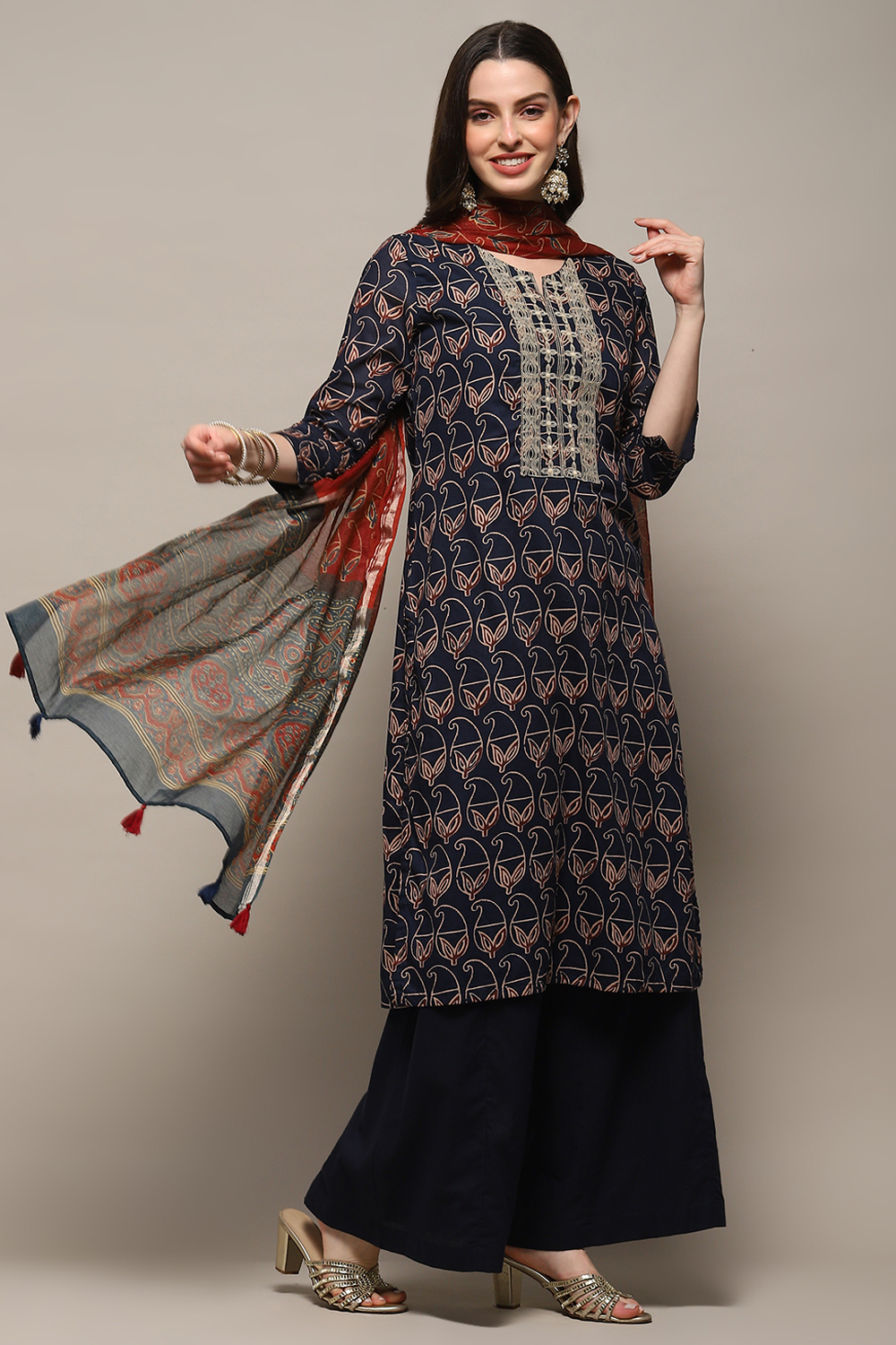 Indigo Cotton Blend Flared Kurta Palazzo Suit Set image number 6