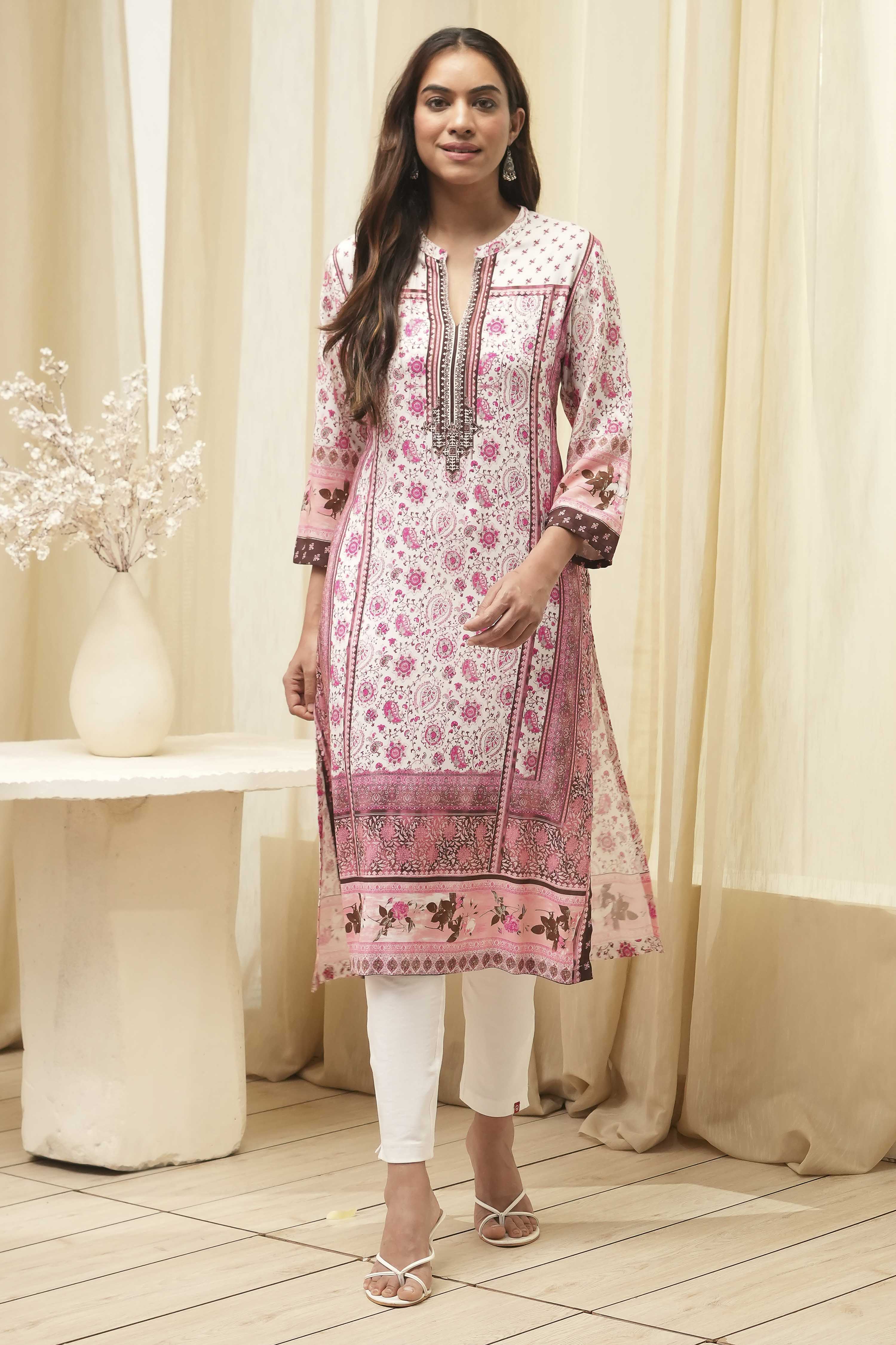 Peach Rayon A-Line Printed Kurta image number 5