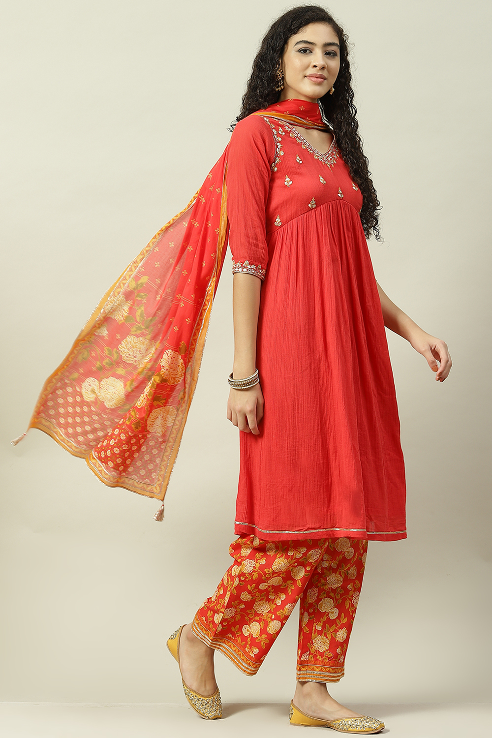 Red Cotton Flared Kurta Palazzo Suit Set image number 6