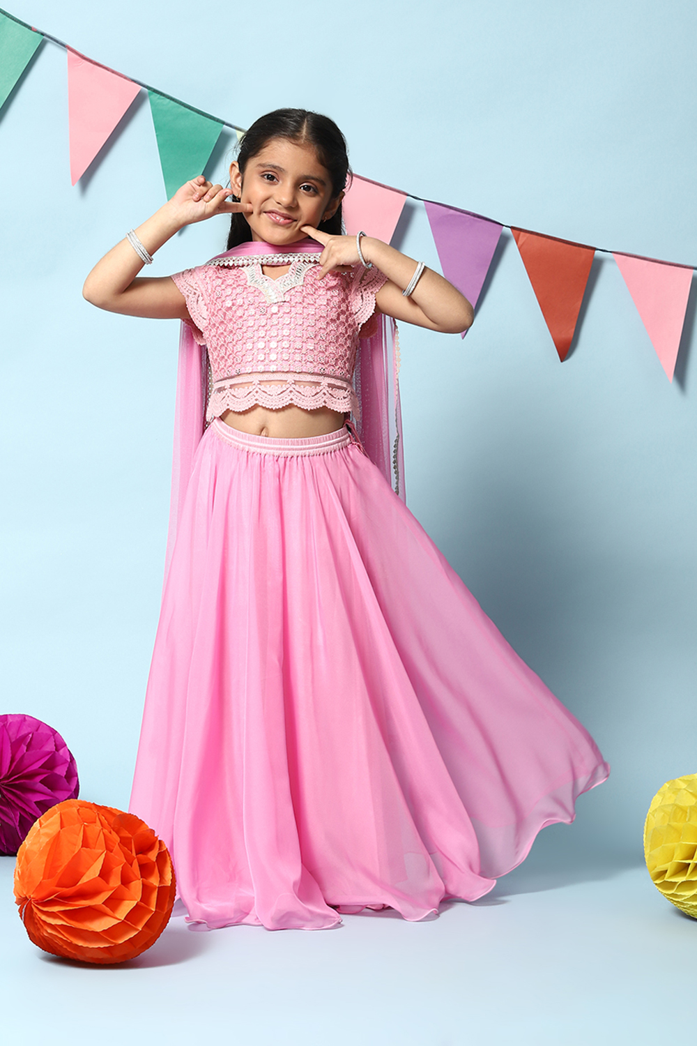 Bubble-gum Pink Nylon Short Top Lehenga Set image number 7