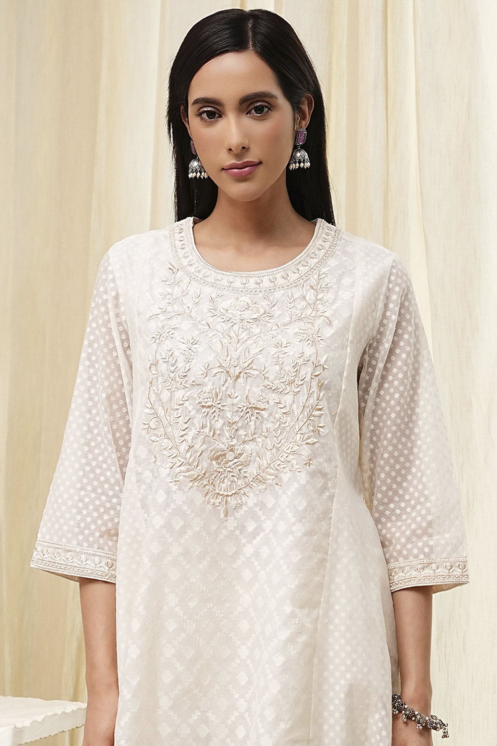 Off-White Embroidered Kalidar Suit Set image number 1