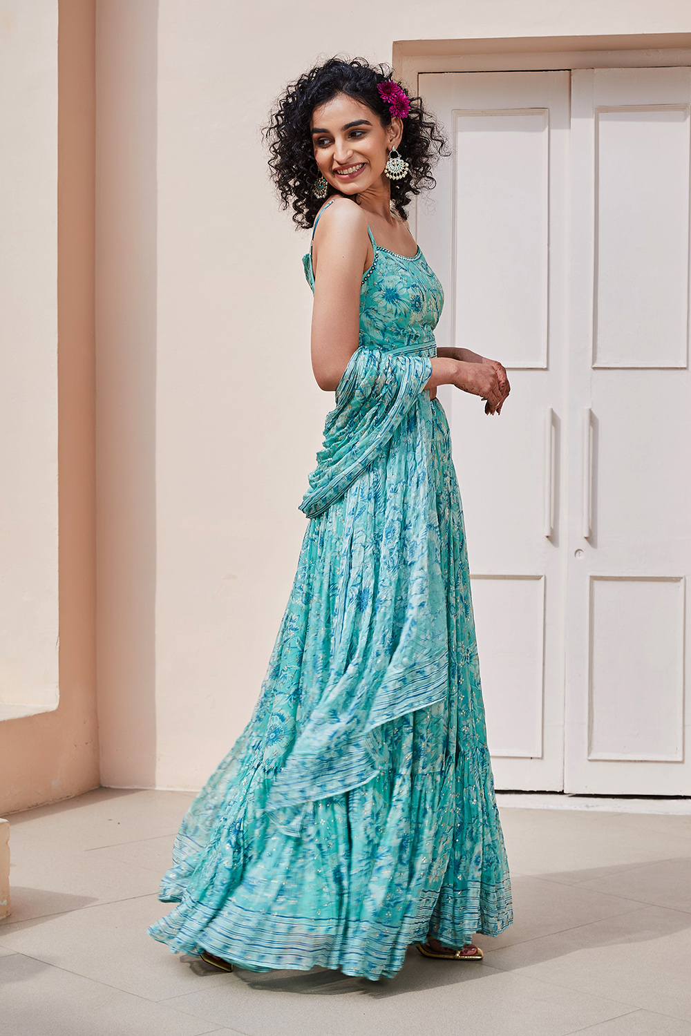 Sea Green Polyester Straight Lehenga Set image number 0