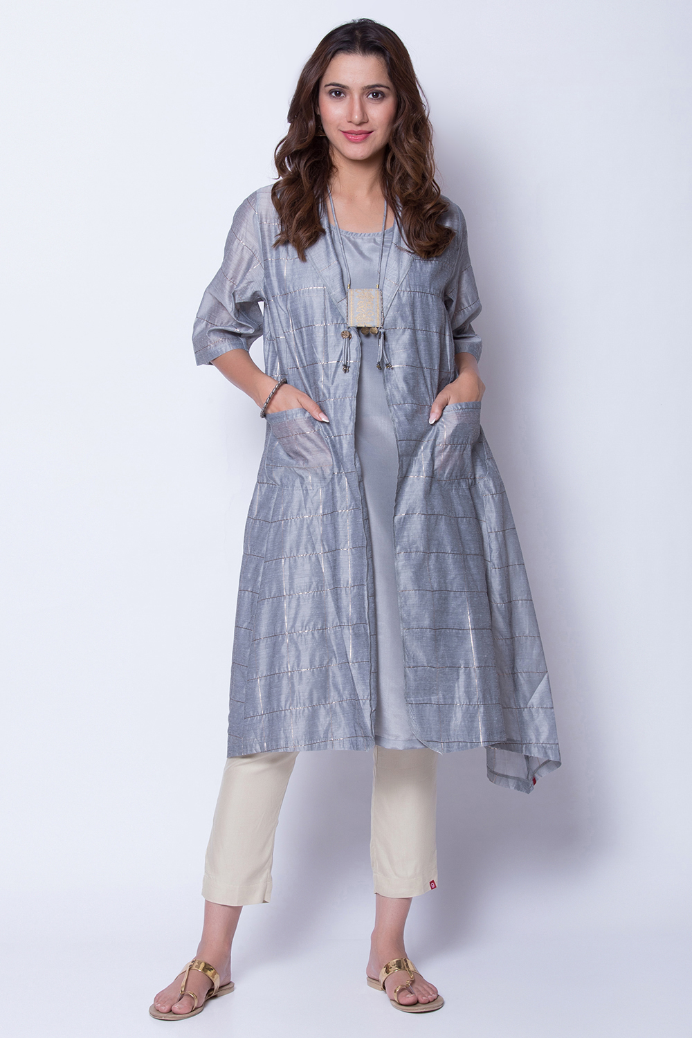 Grey Poly Metallic Cotton Front Open Yarndyed Kurta image number 1