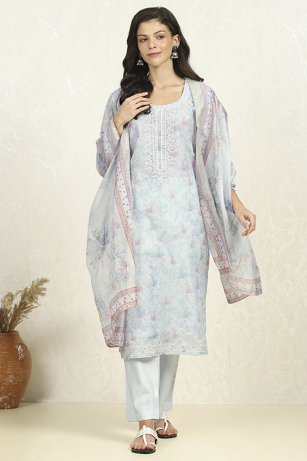Light Pink Chanderi Unstitched Suit Set image number 1