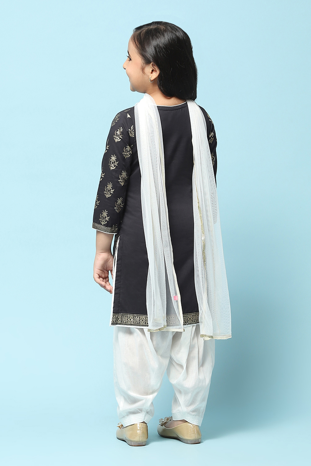Black Cotton Straight Printed Kurta Patiyala Salwar Suit Set image number 5