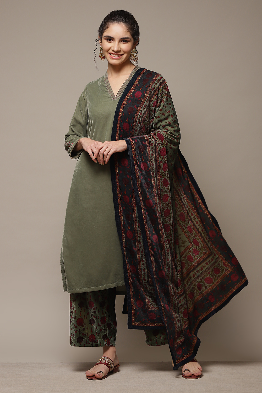 Dark Military Green Art Silk Straight Kurta Palazzo Suit Set image number 1