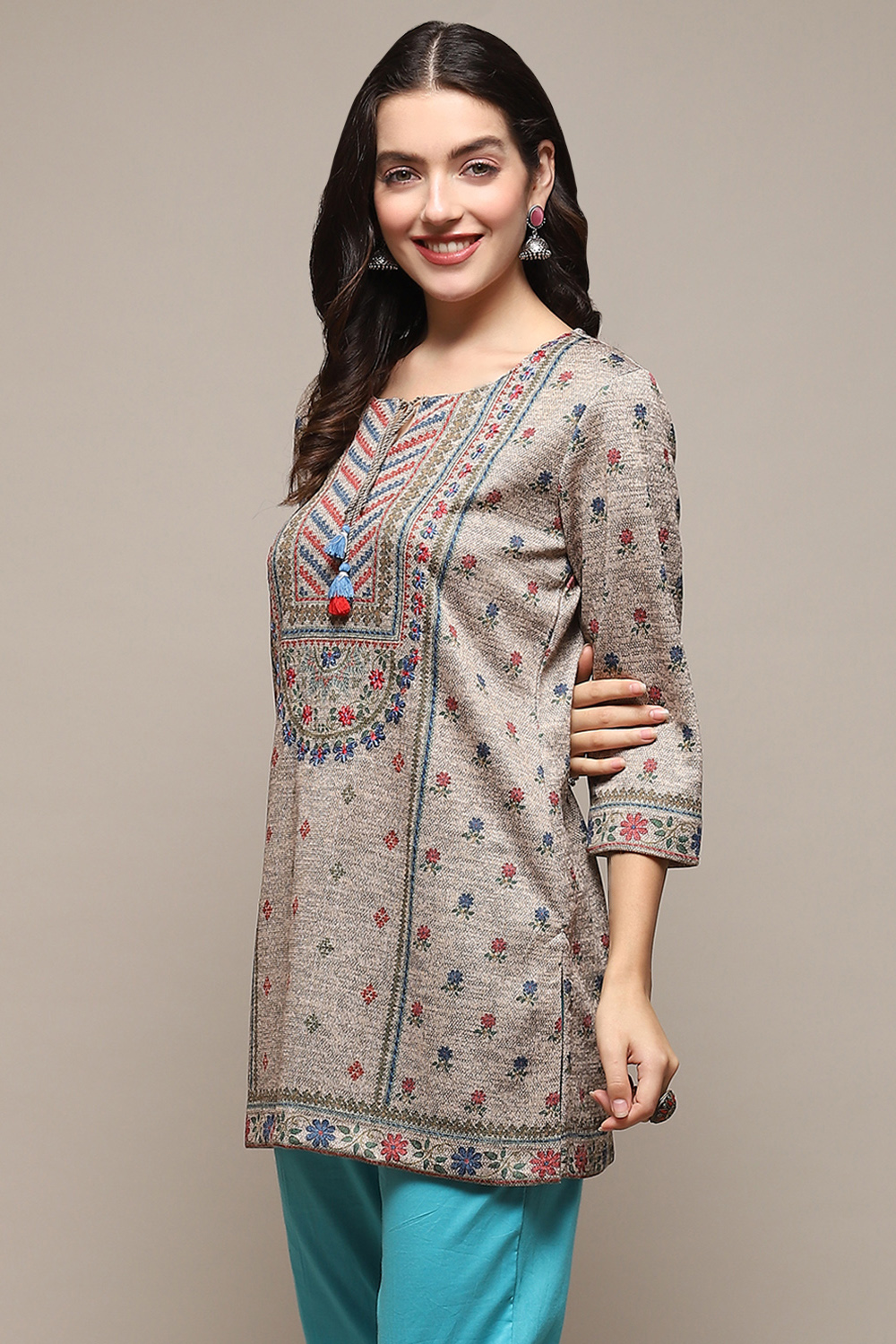 Melange Beige Poly Cotton Straight Printed Kurti image number 2