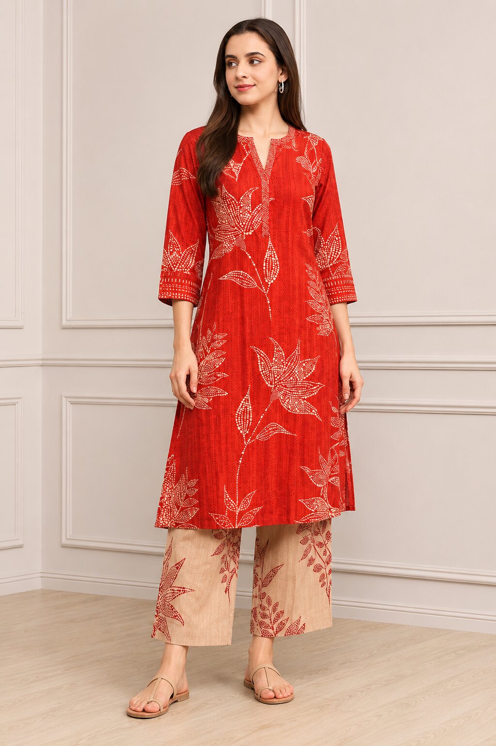Red Viscose Rayon Printed Straight Suit Set image number 0