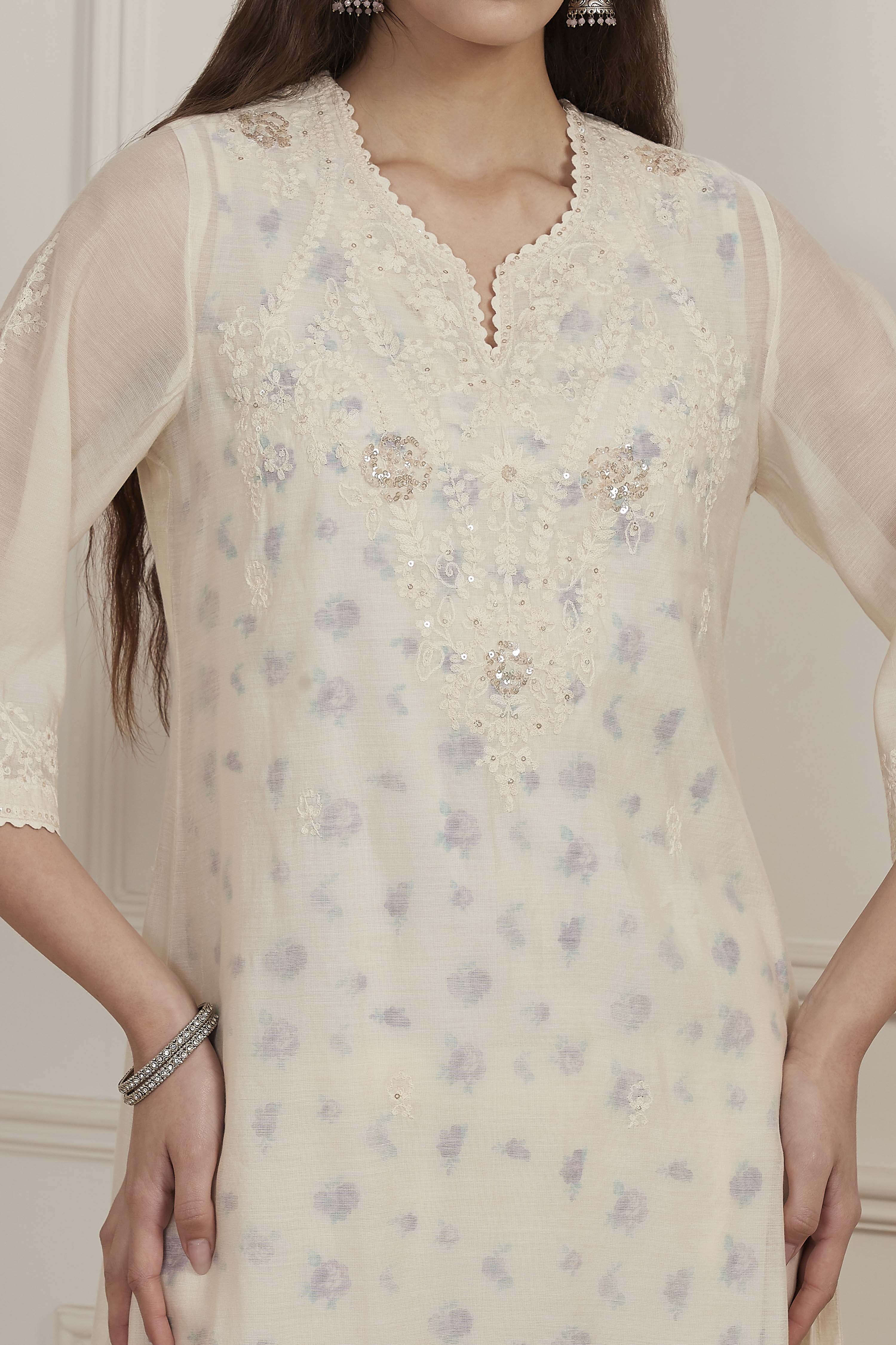 White Poly Chanderi Straight Suit Set image number 1