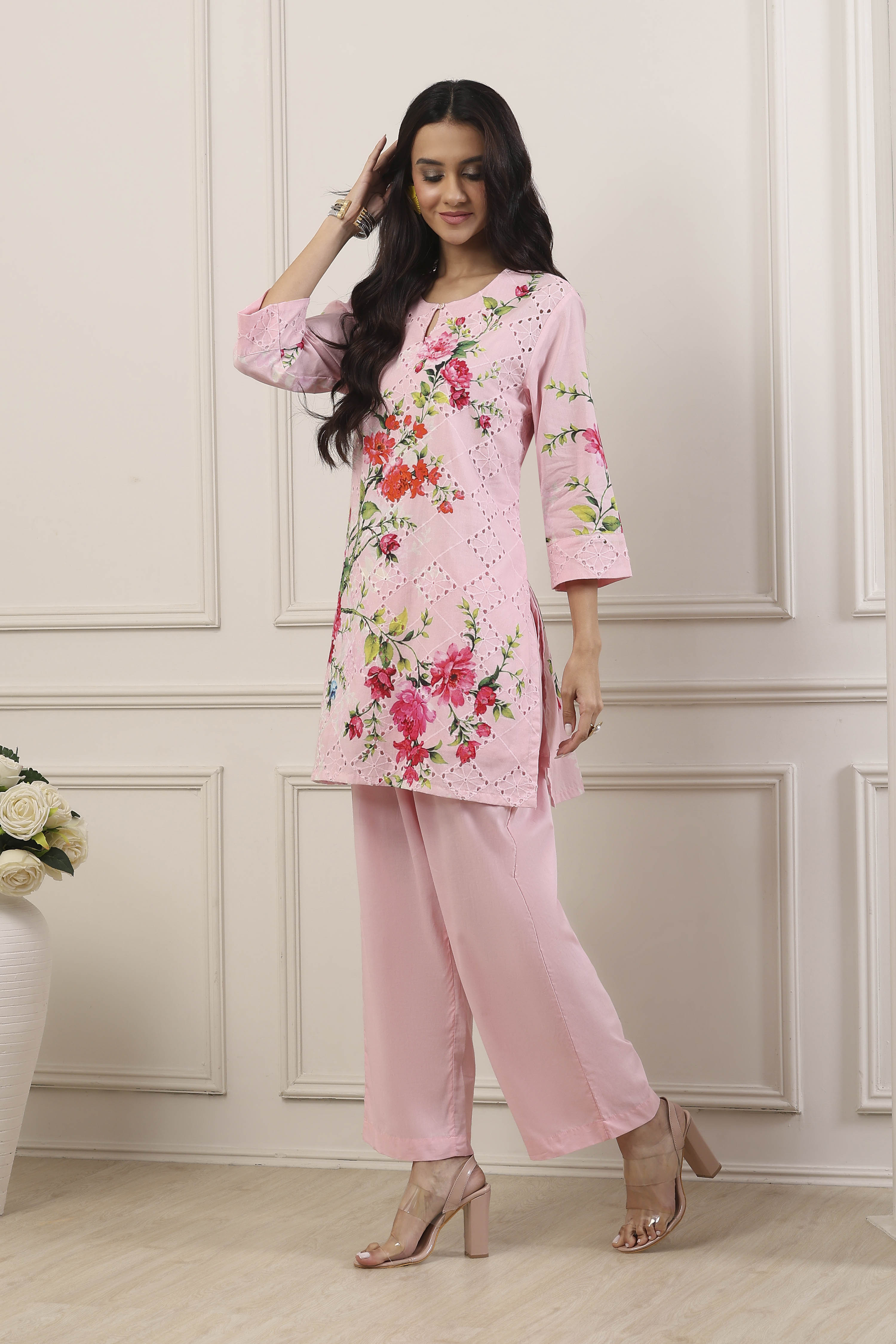 Beige Cotton Straight Suit Set image number 4