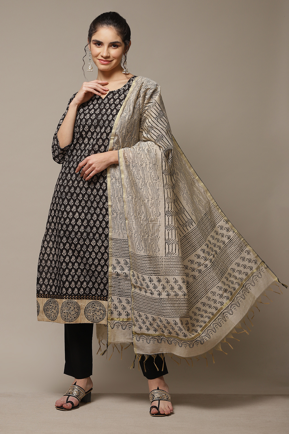 Black Cotton Hand Block Print Unstitched Suit Set image number 3