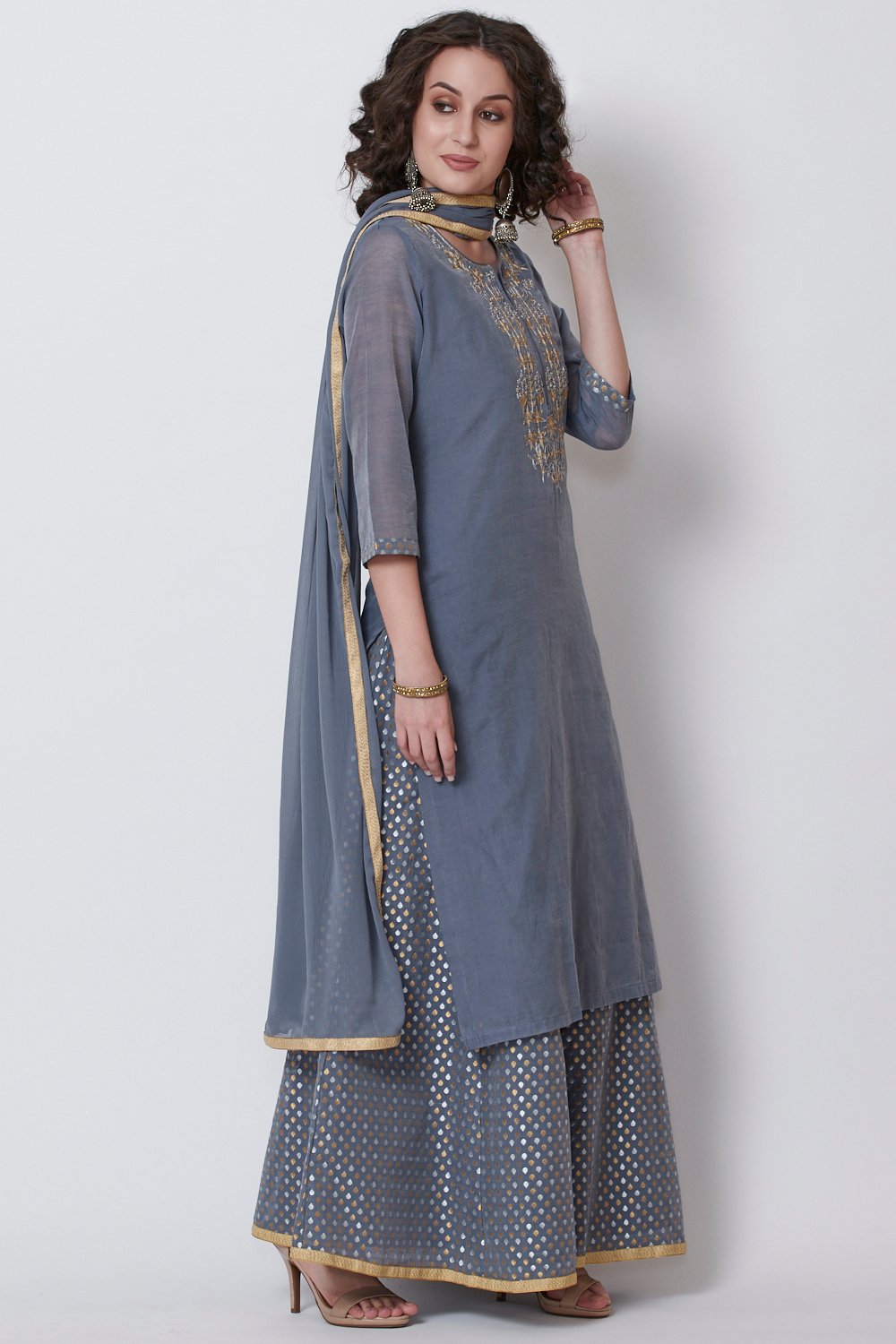 Grey Poly Cotton Straight Kurta Sharara Suit Set image number 3