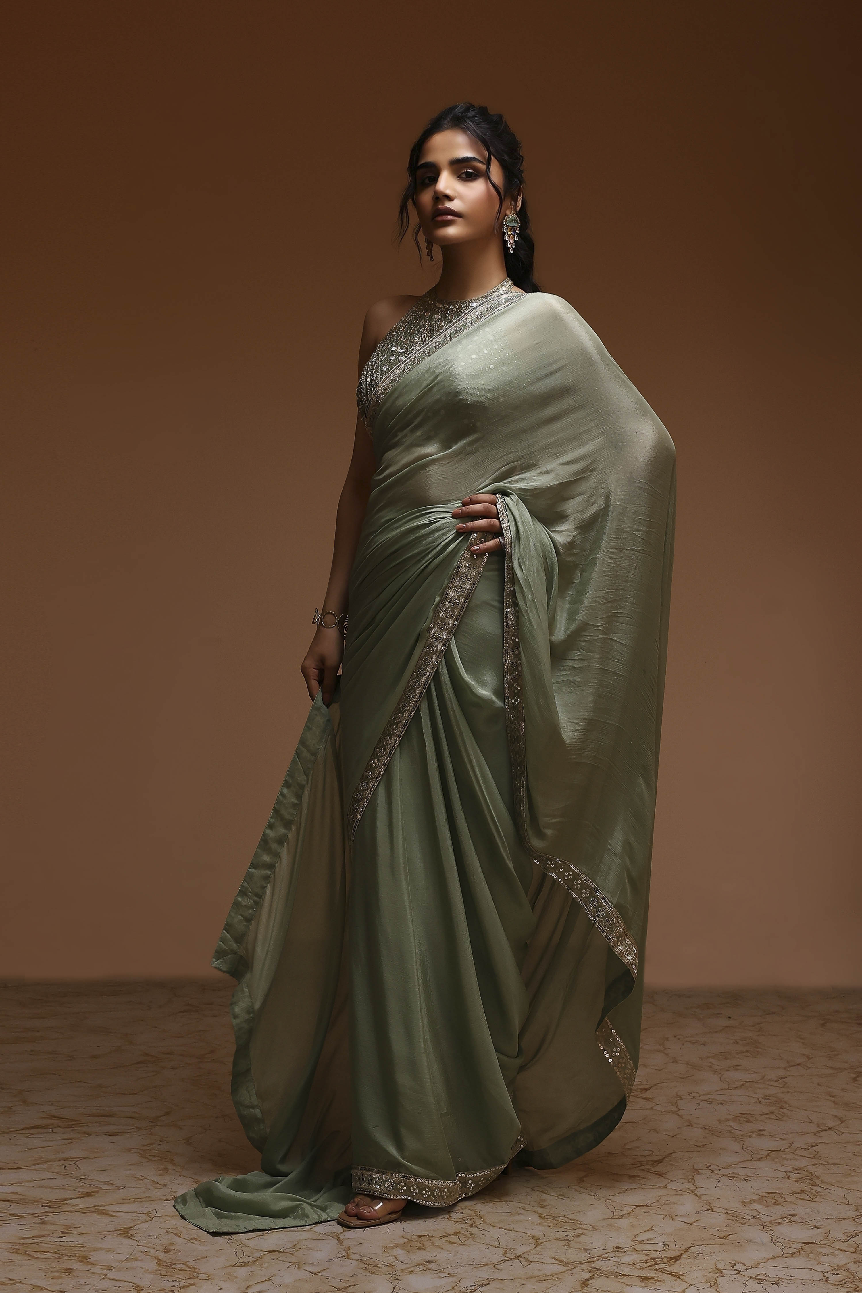 Sage Green Pure Chinnon Pre-Draped Saree image number 2