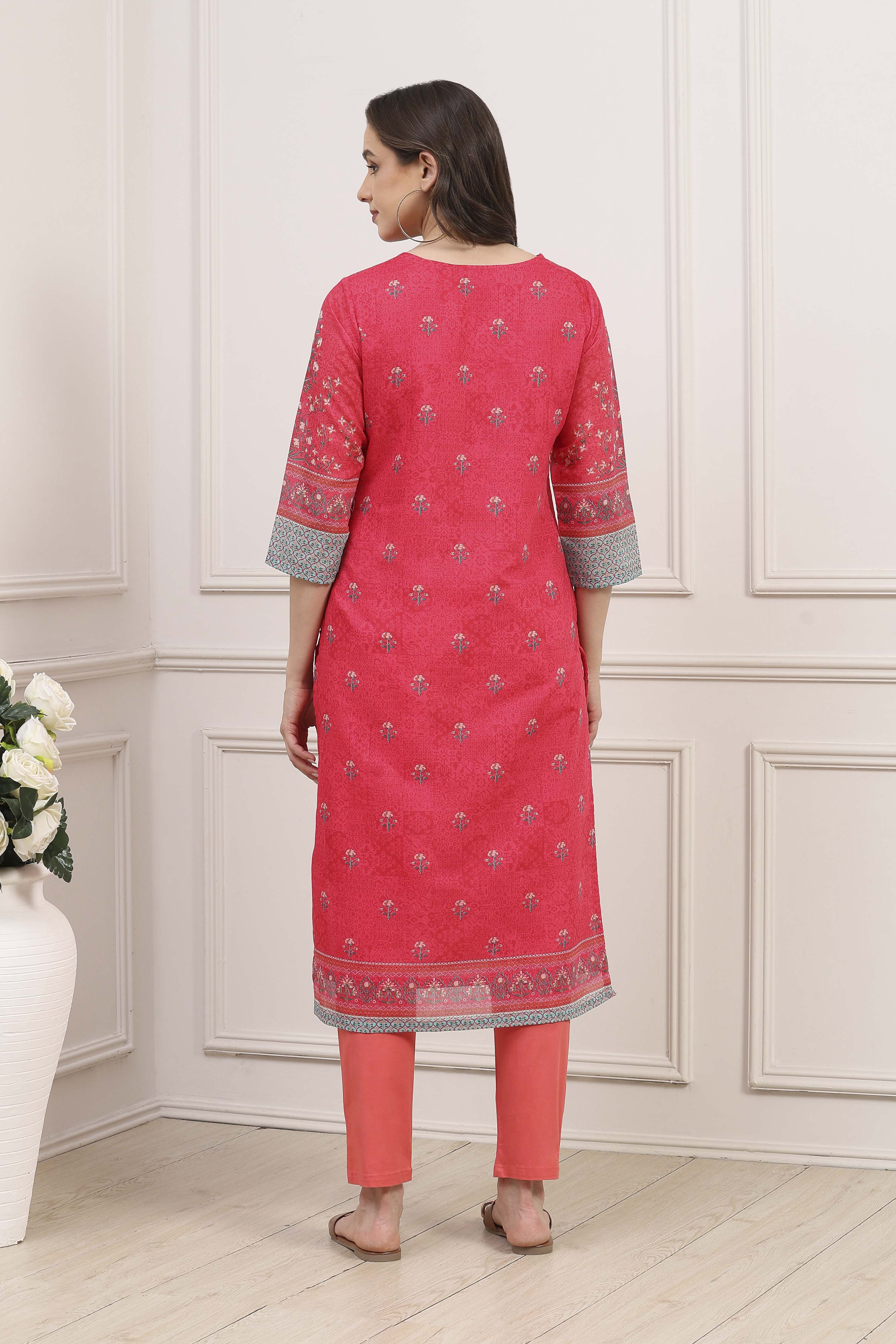 Dark Green A-Line Cotton Kurta image number 3