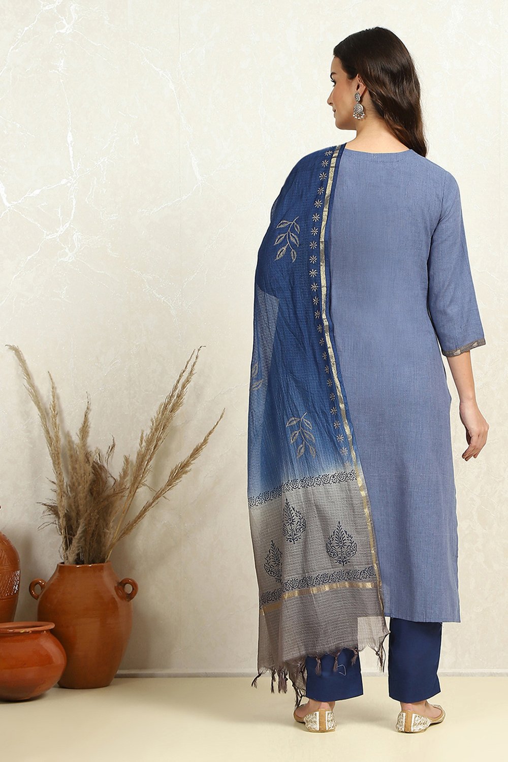 Dark Blue Cotton Floral Handloom Unstitched Suit Set image number 5