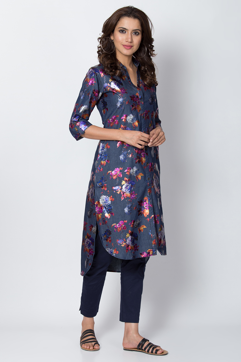 Denim Blue Cotton Straight Printed Kurta image number 3