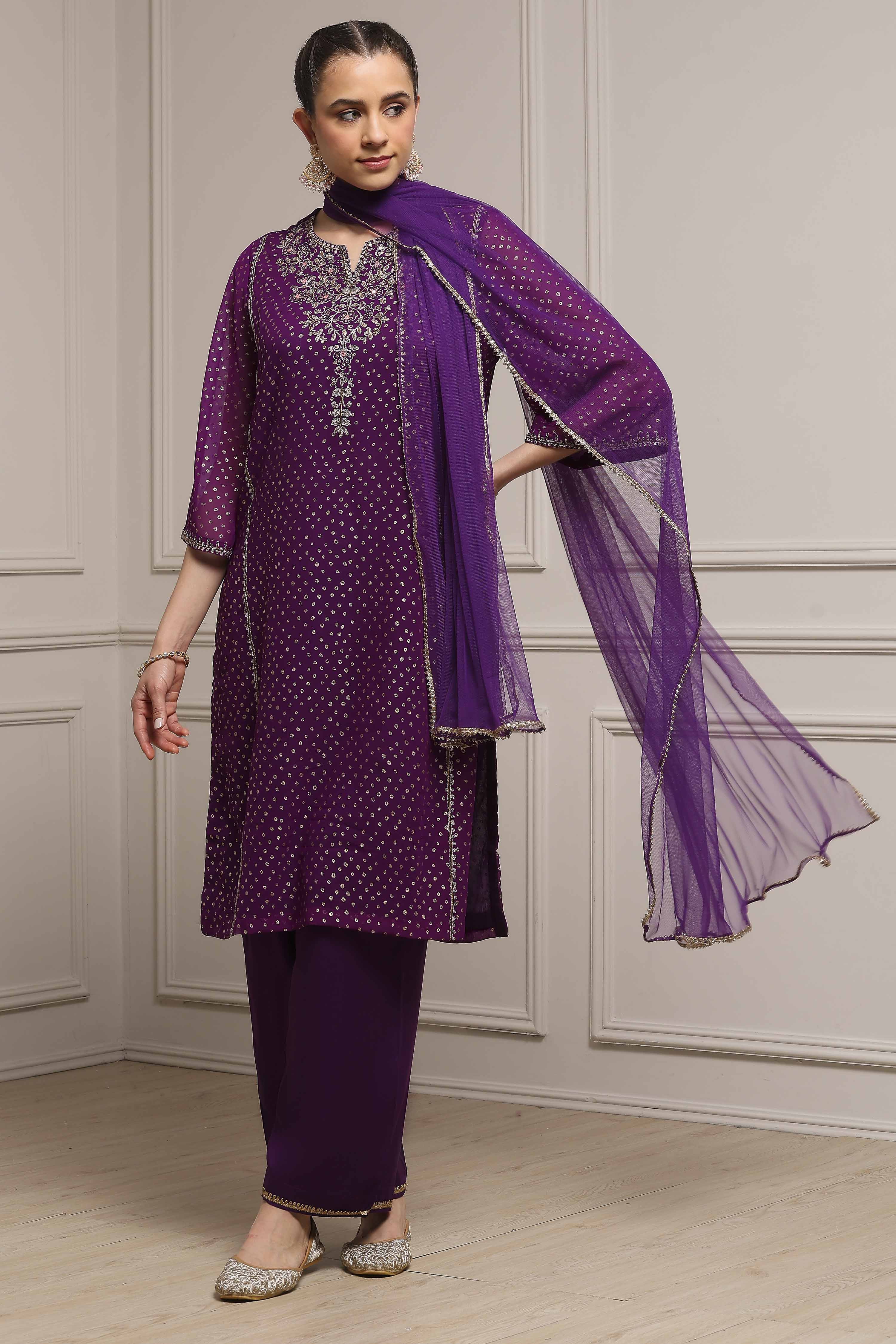 Purple Viscose Straight Printed Suit Set image number 0