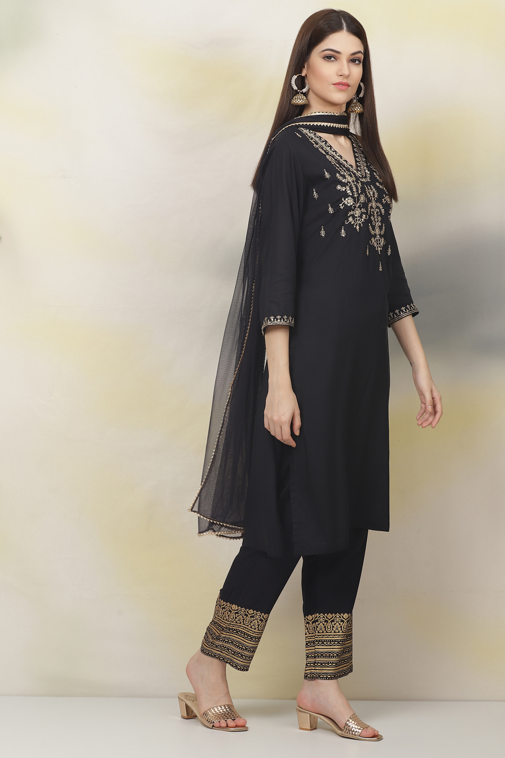 Black Rayon Straight Kurta Pant Suit Set image number 6