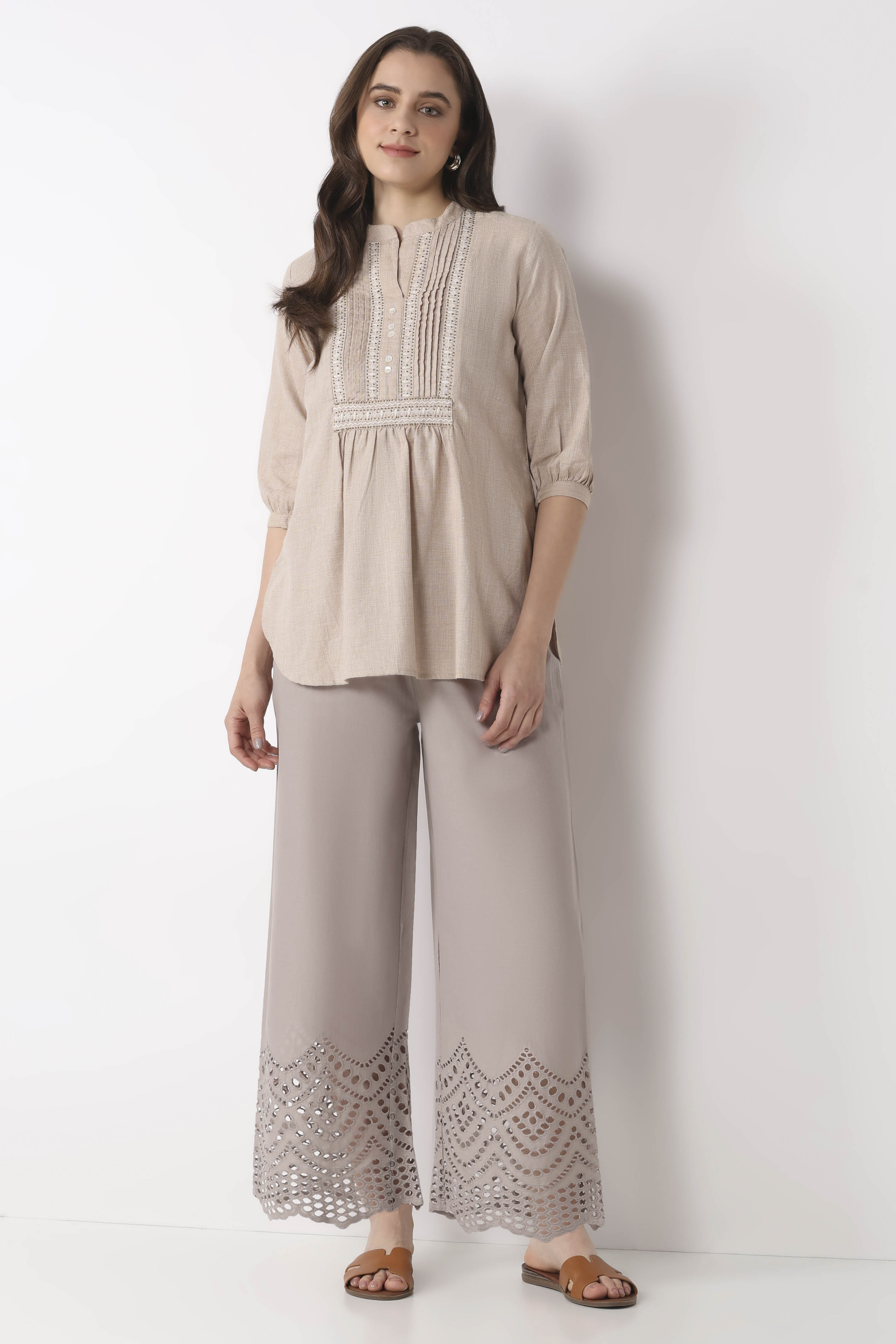 Grey Cotton Straight Palazzos image number 7