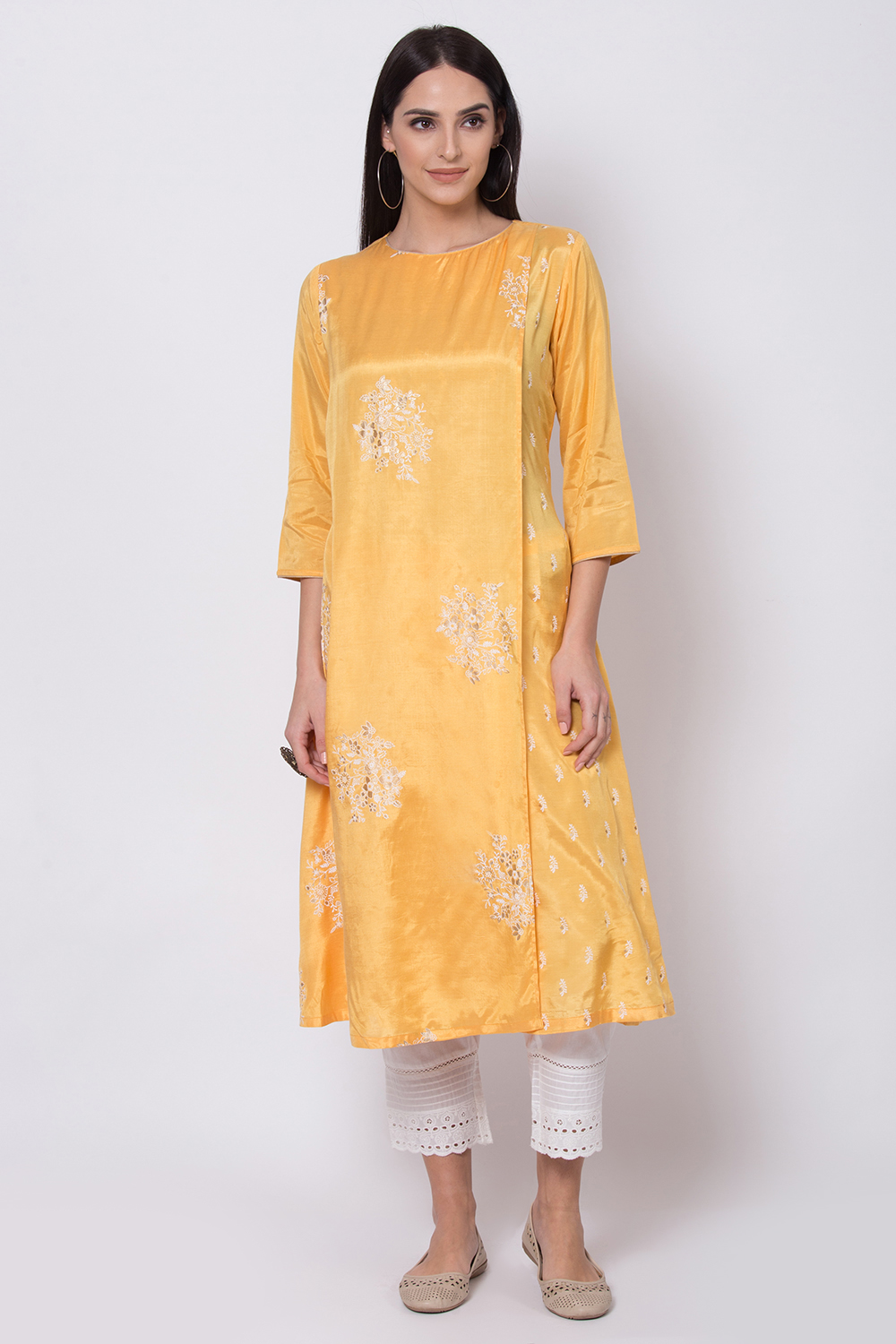 Yellow Viscose A-Line Printed Kurta image number 0