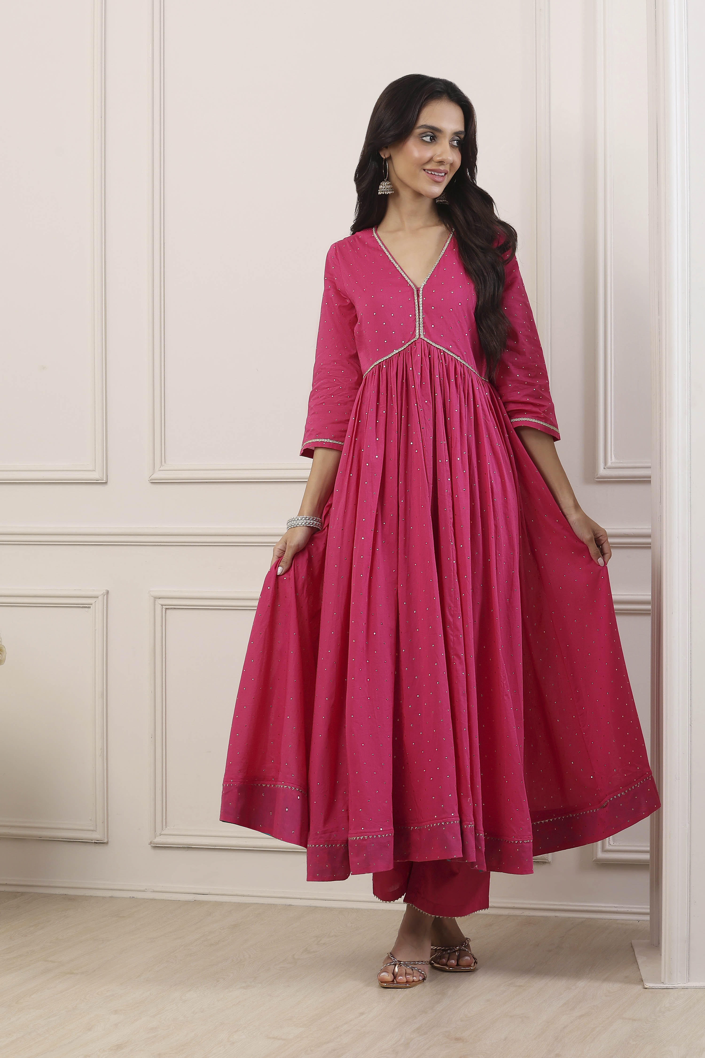 Pink Cotton Anarkali Suit Set image number 0