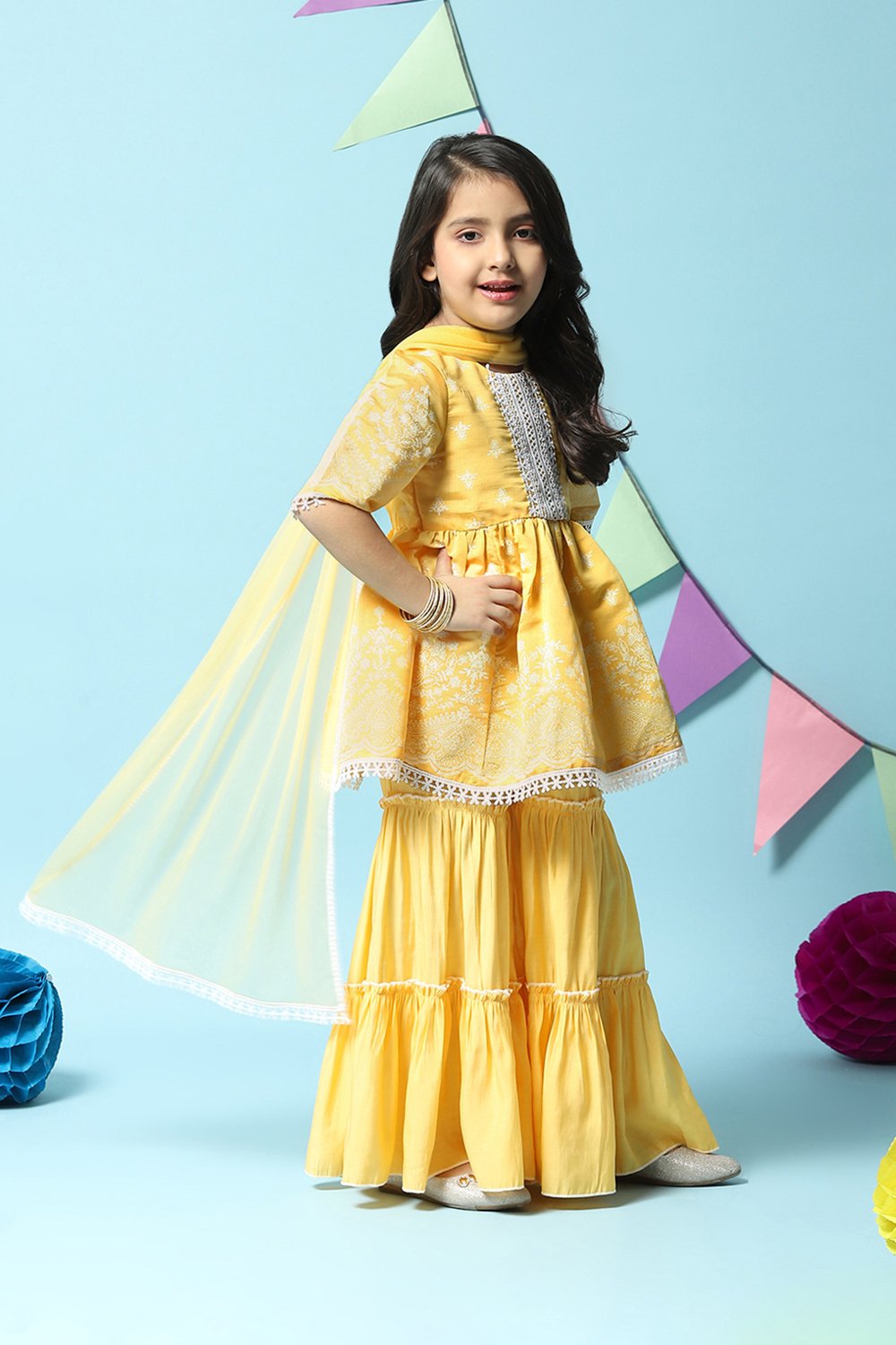 Yellow Cotton Blend Gathered Kurta Sharara Suit Set image number 6