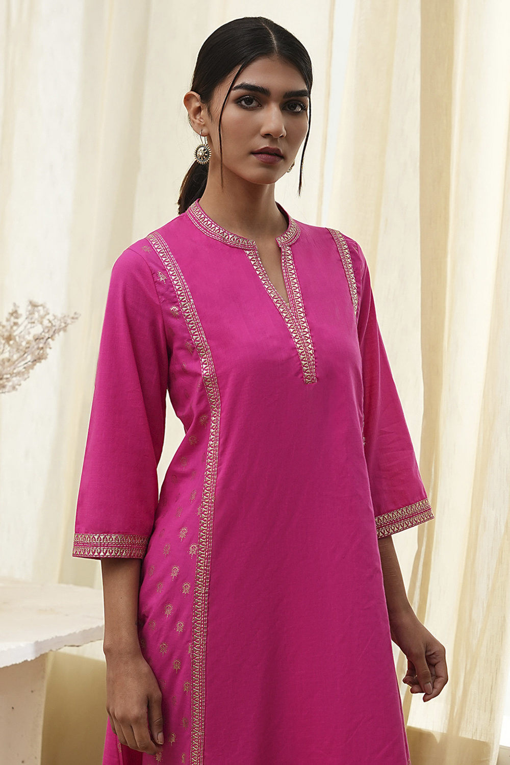 Fuchsia Cotton Printed A-Line Kurta image number 1