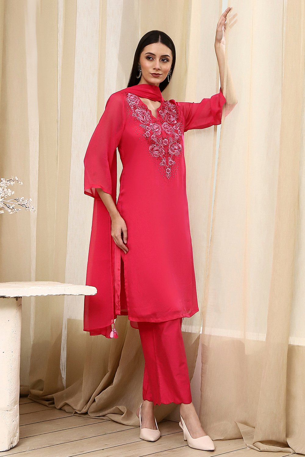 Fuchsia Embroidered Straight Suit Set image number 0