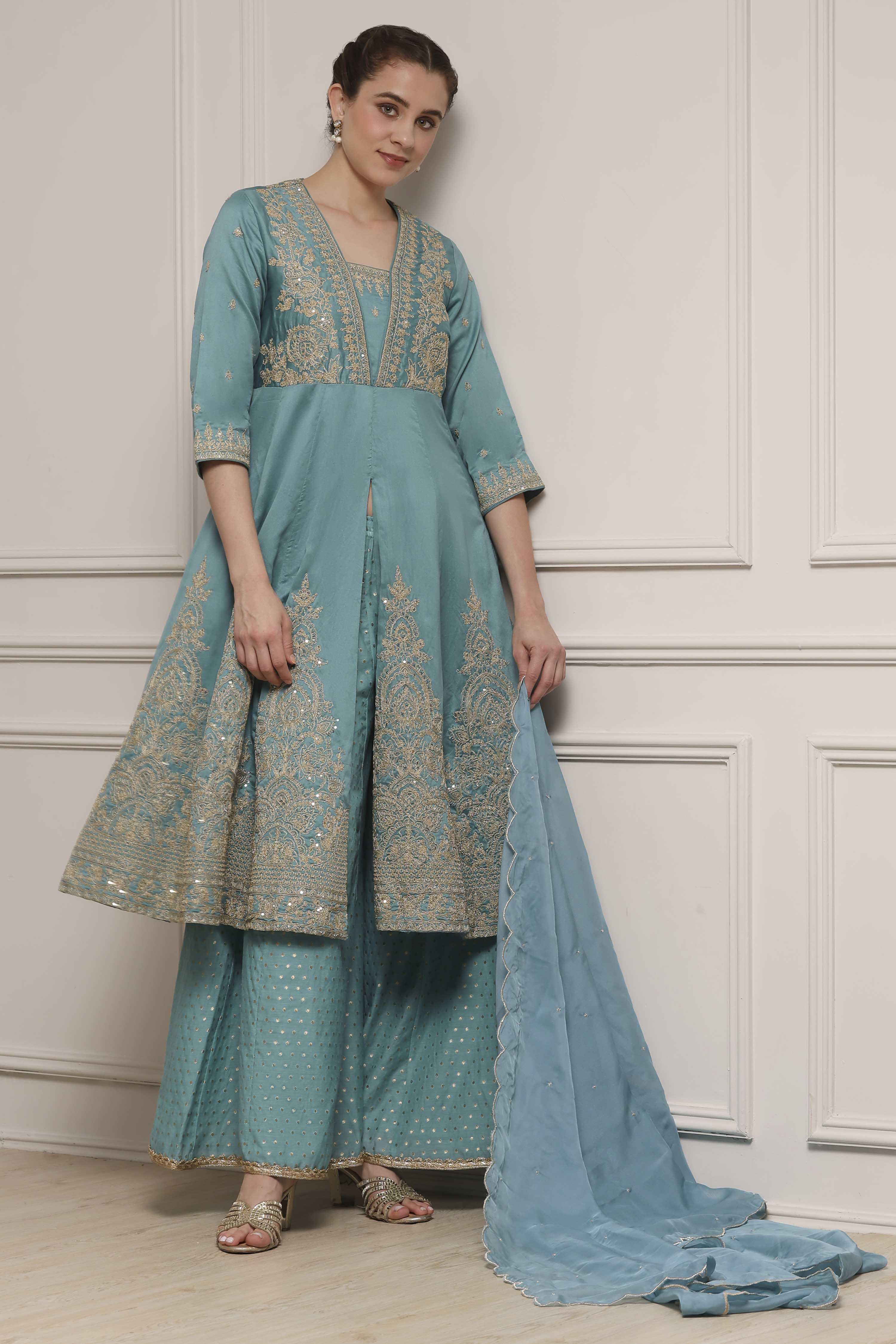 Blue Silk Chanderi Anarkali Suit Set image number 0