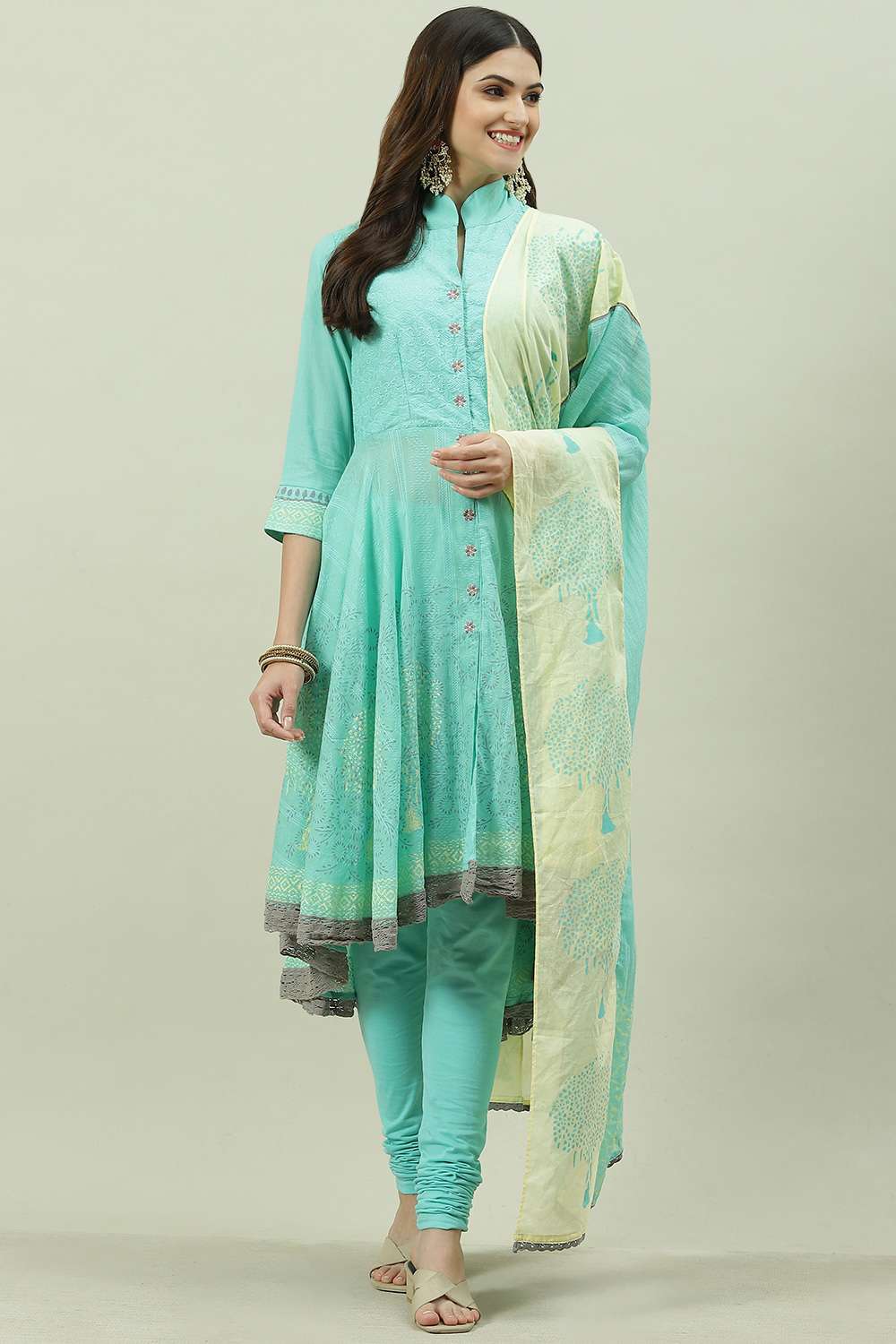 Aqua Cotton Asymmetric Kurta Churidar Suit Set image number 0