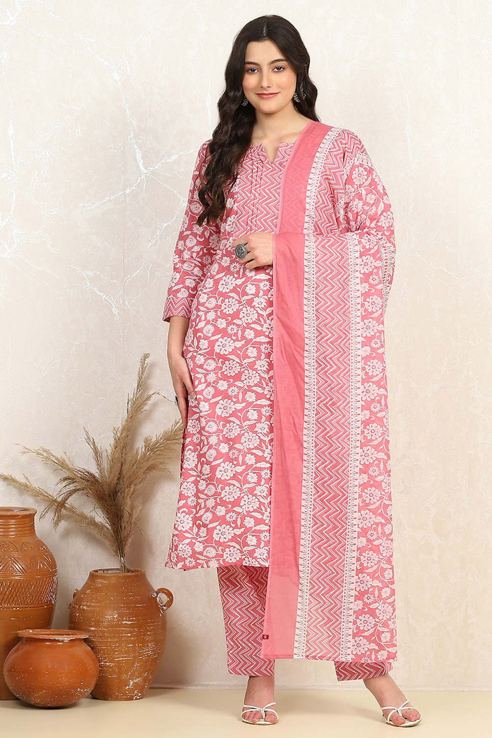 Mustard Cotton Screen Print Unstitched Suit Set image number 7