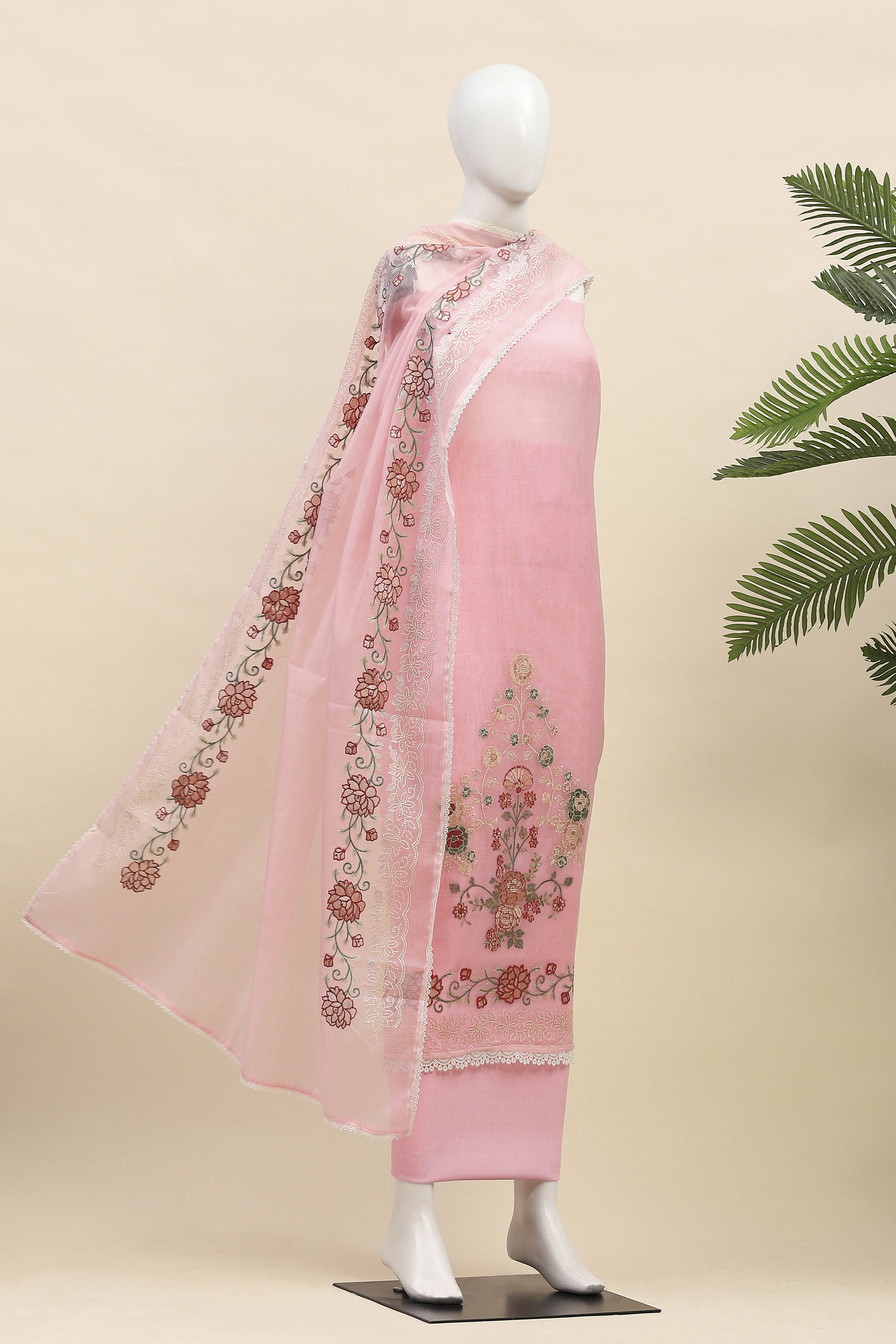 Pink Supernet Unstitched Suit Set image number 4
