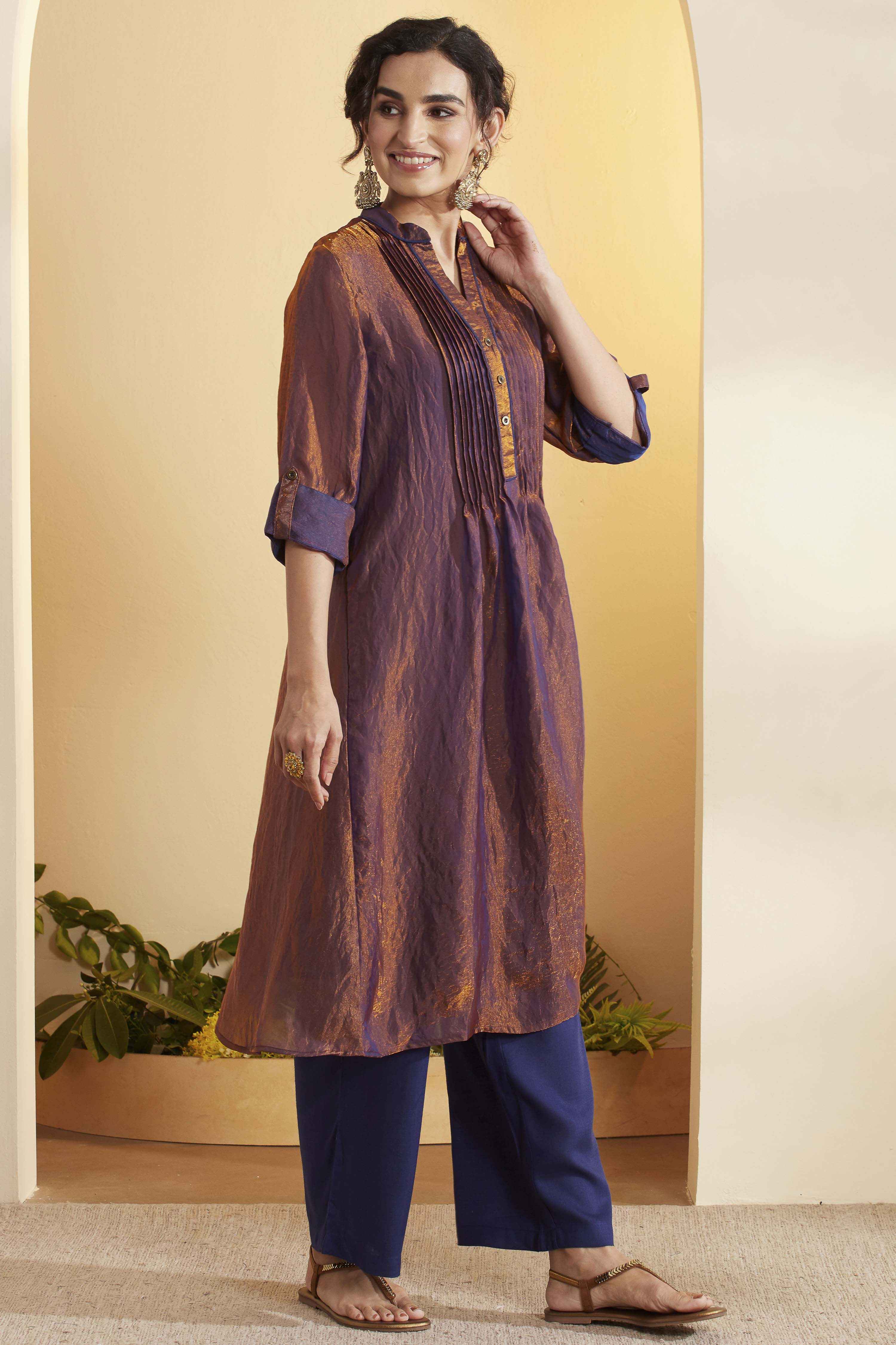Purple Poly Satin Yarndyed Straight Kurta Set image number 4