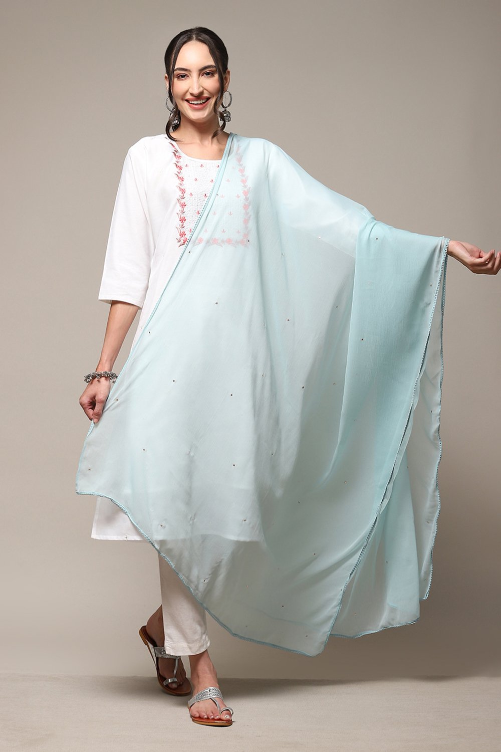 Off White Cotton Blend Printed Dupatta image number 2