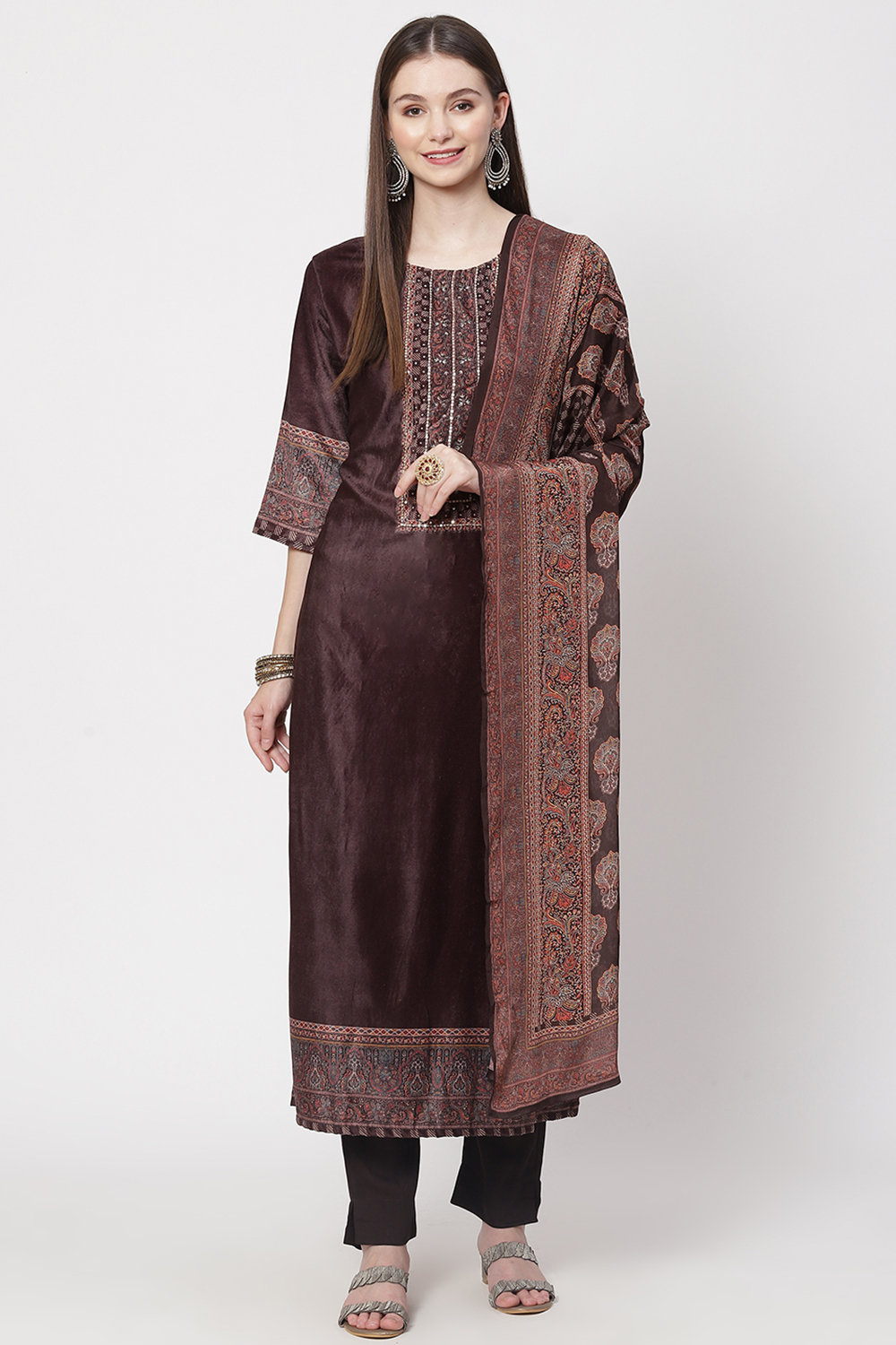 Multicolour Velvet Unstitched Suit Set image number 0