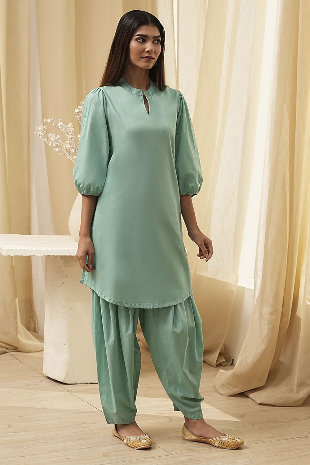 Sage Green Cotton Pathani Straight Kurta Set image number 7