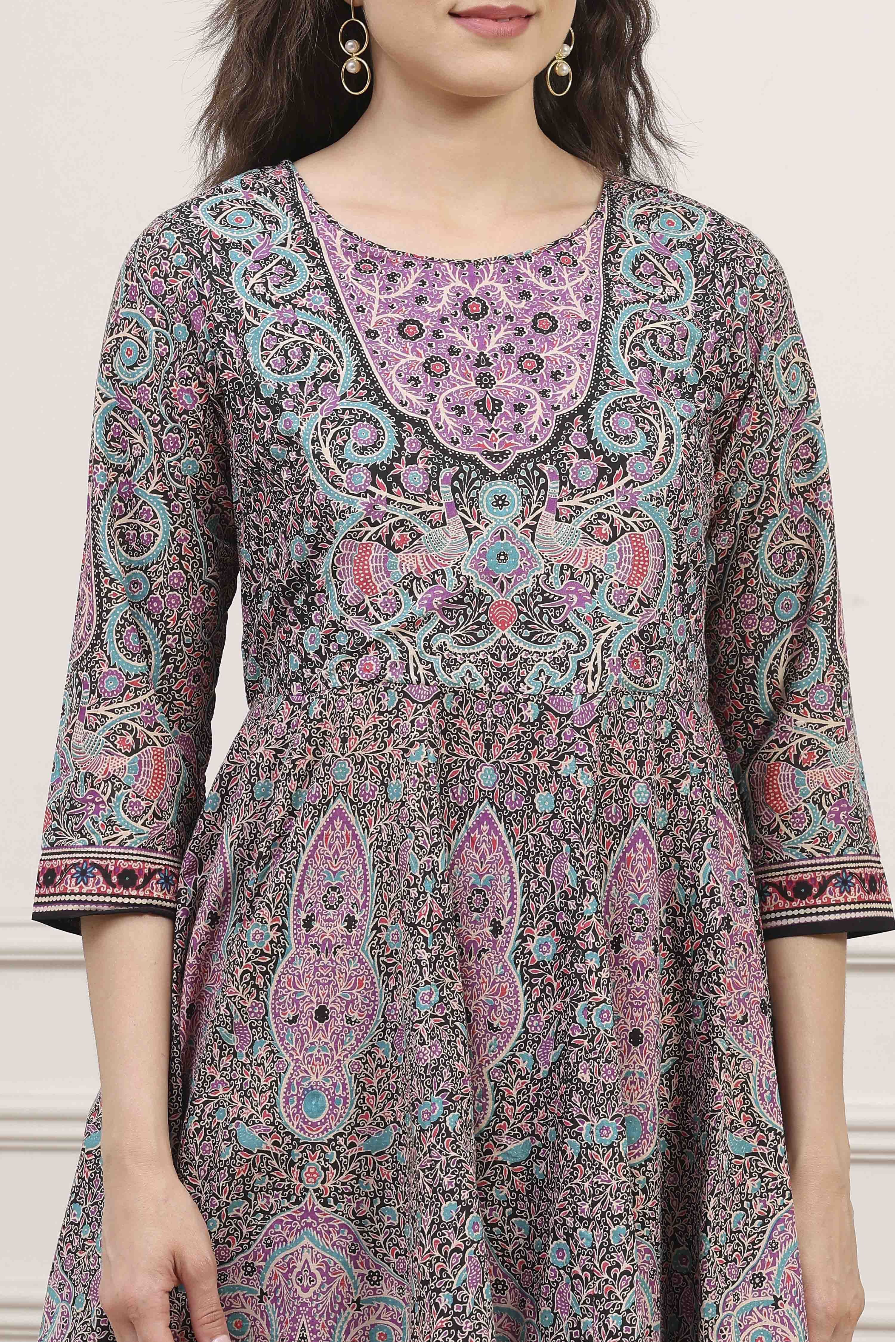 Purple Cotton Printed Anarkali Suit Set image number 1