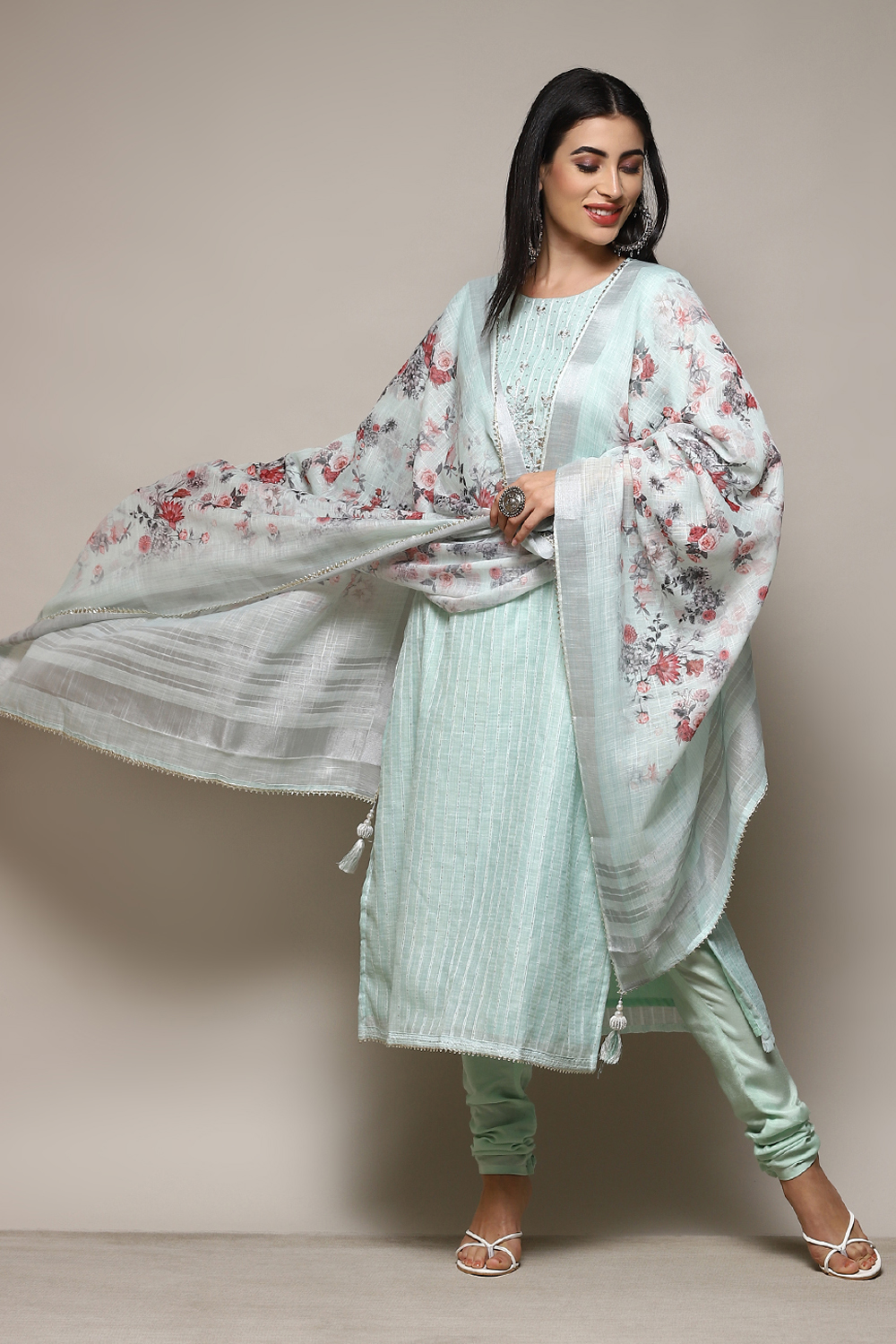 Teal Linen Hand Embroidered Unstitched Suit Set image number 1