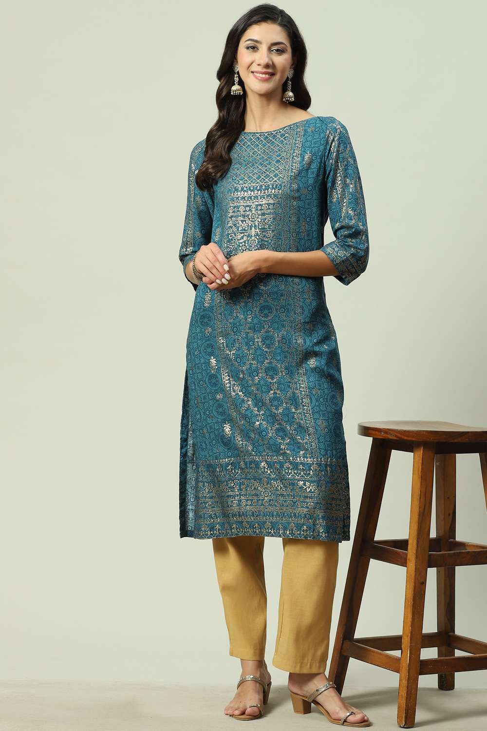 Teal Rayon Straight Printed Kurta image number 4