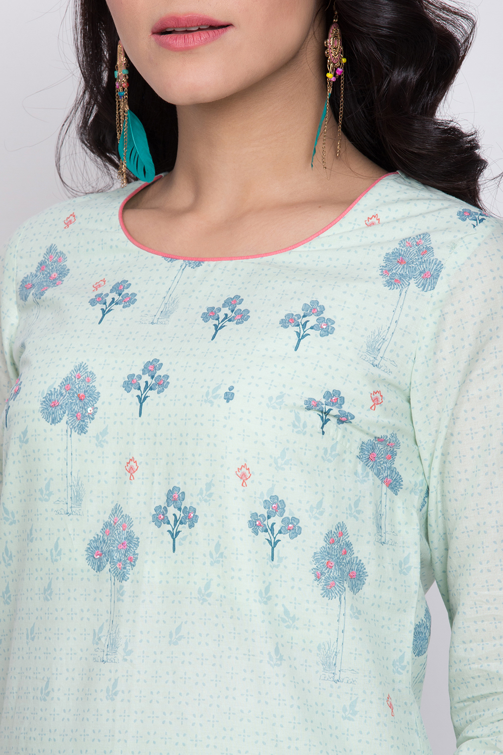 Mint Green Cotton Straight Printed Kurta image number 1