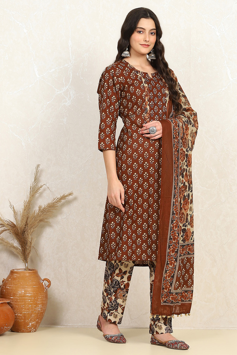 Rust Cotton Unstitched Suit Set image number 6