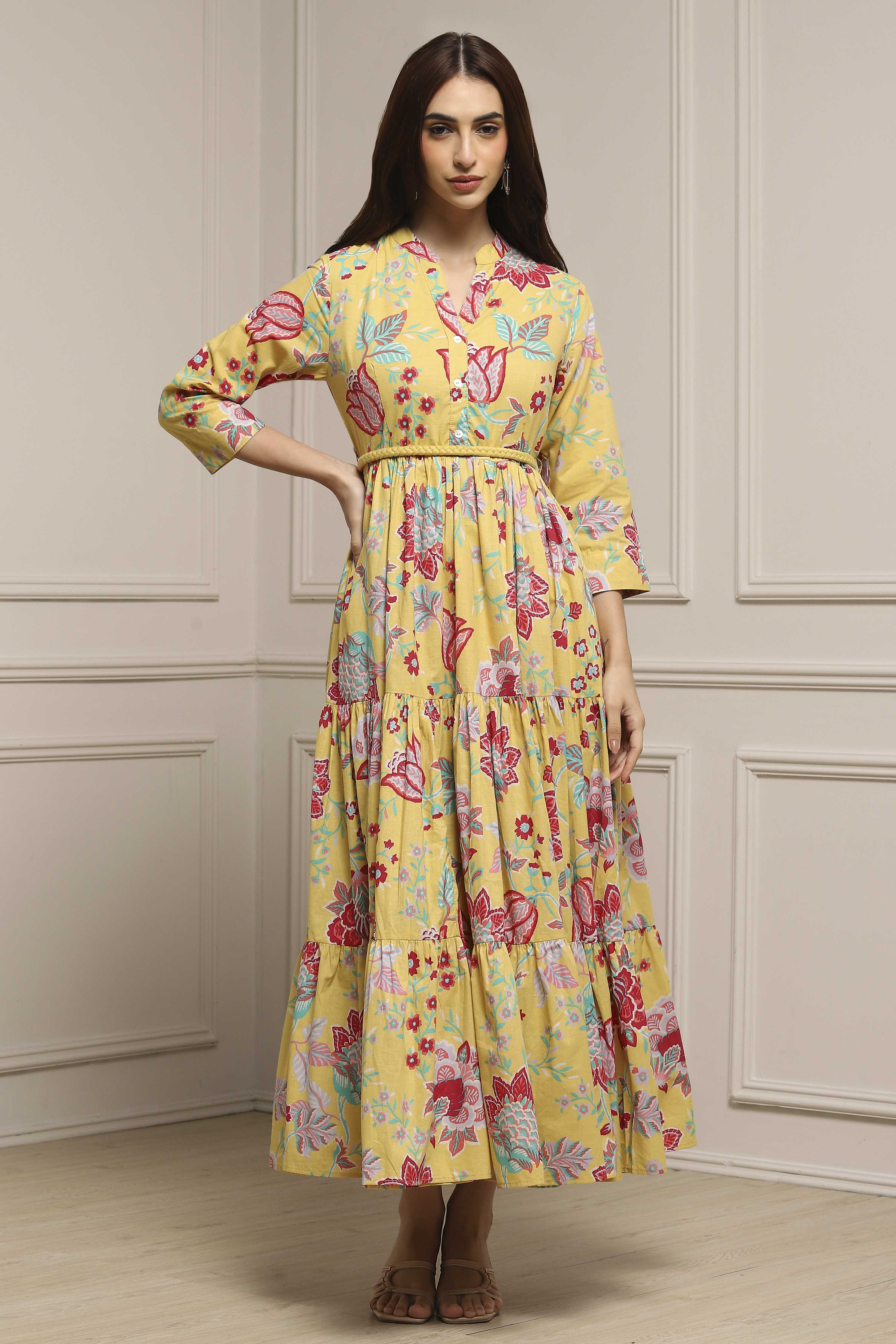 Earthy Blue Cotton Floral Tiered Dress image number 5