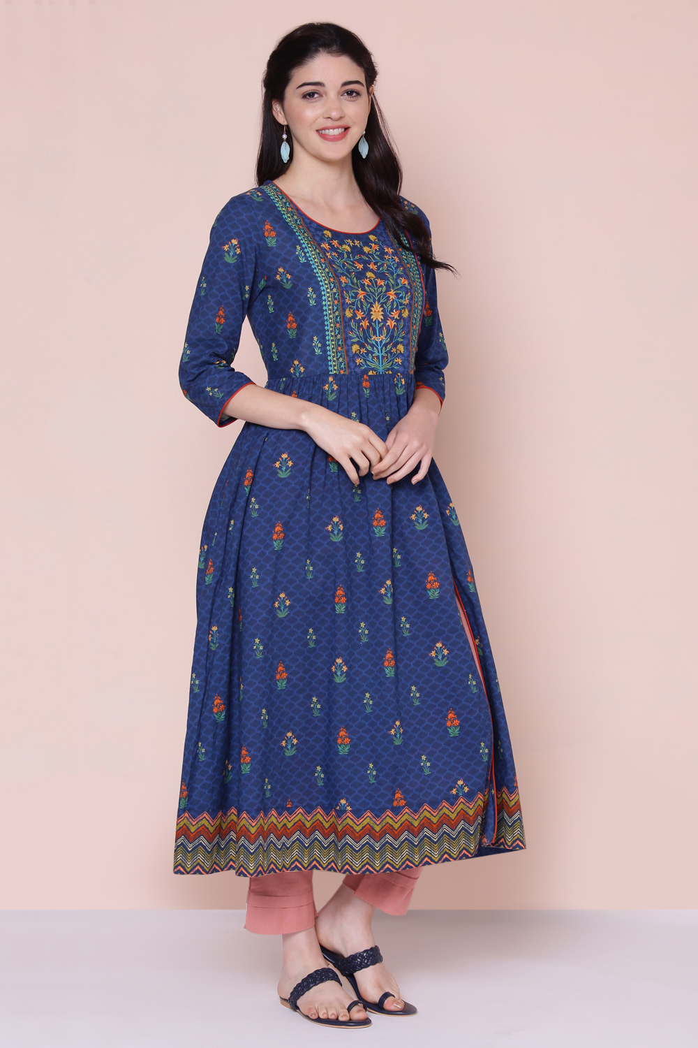 Navy Cotton Printed Kurta image number 3