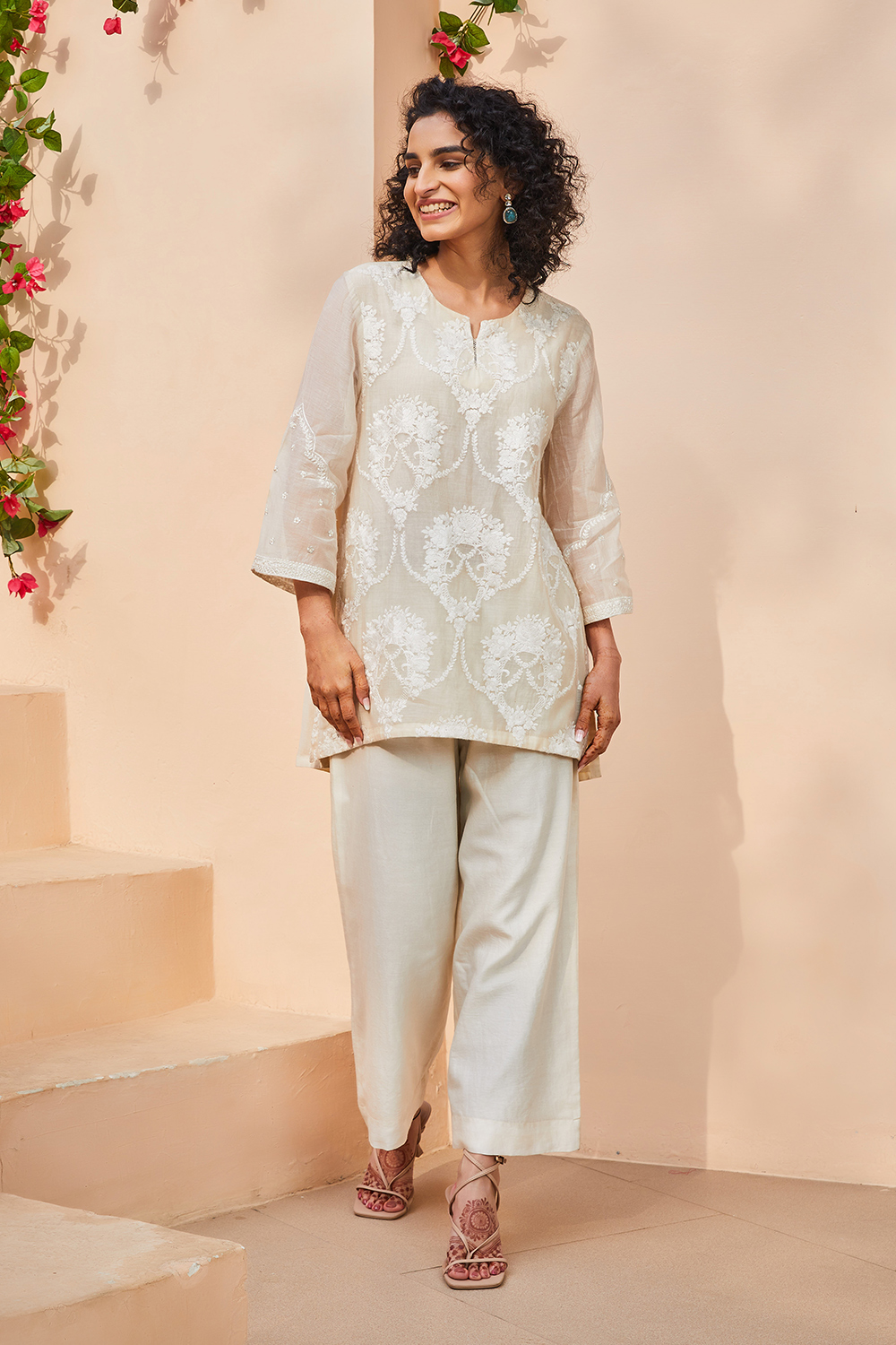 Off White Polyester Straight Kurta Set image number 0