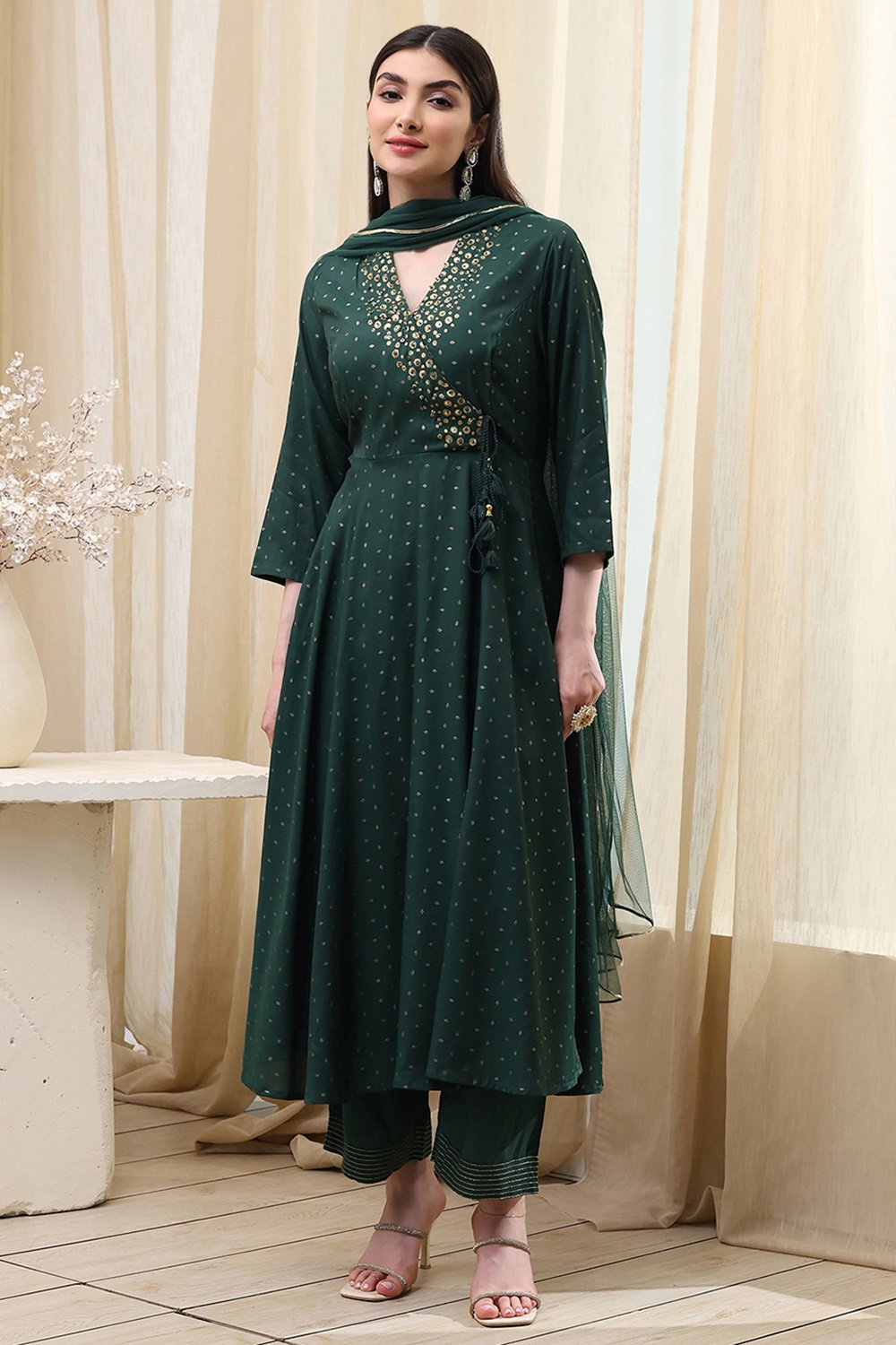 Dark Green Shantoon Printed Anarkali Suit Set image number 6