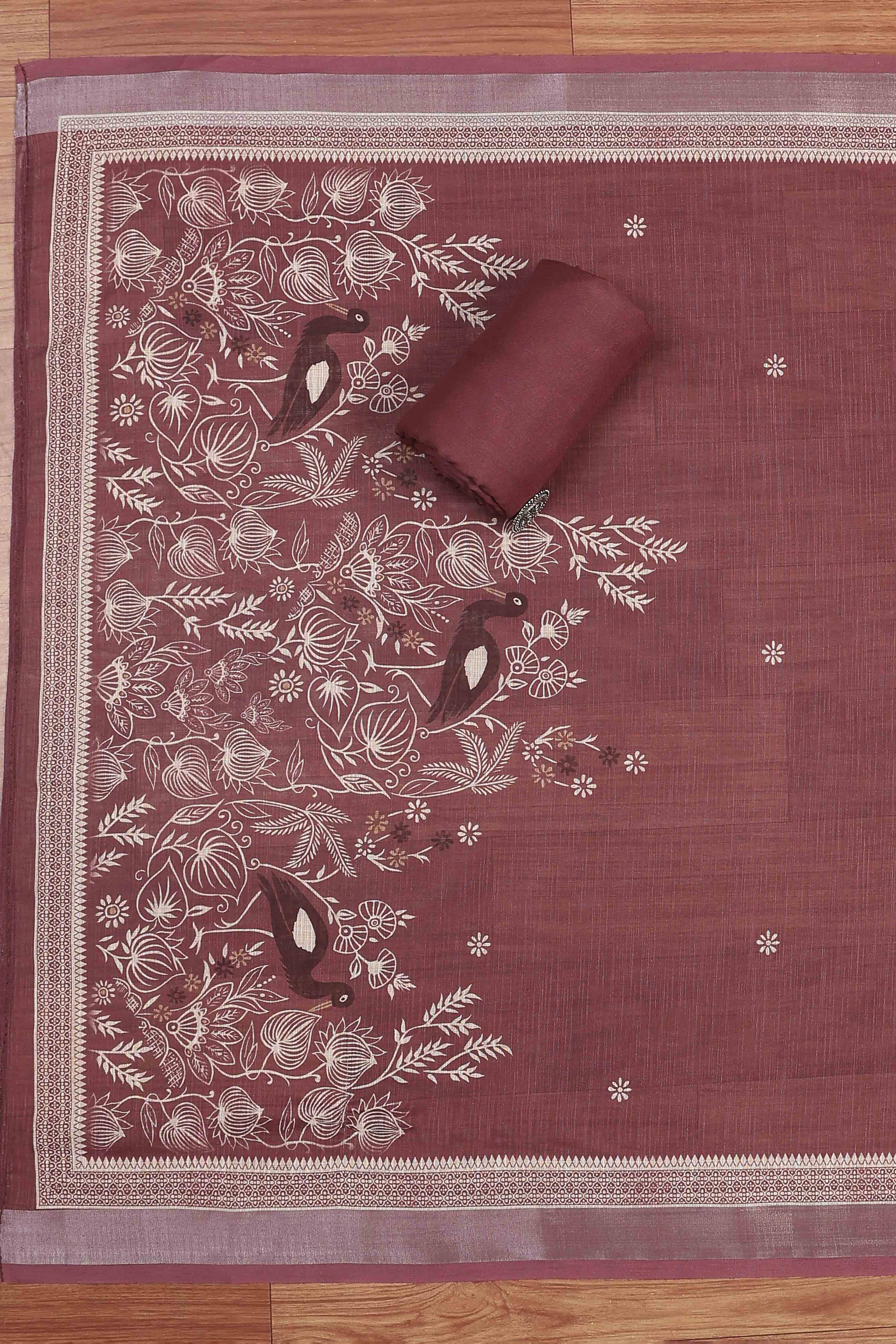 Dark Beige Linen Embroidered Unstitched Suit Set image number 3